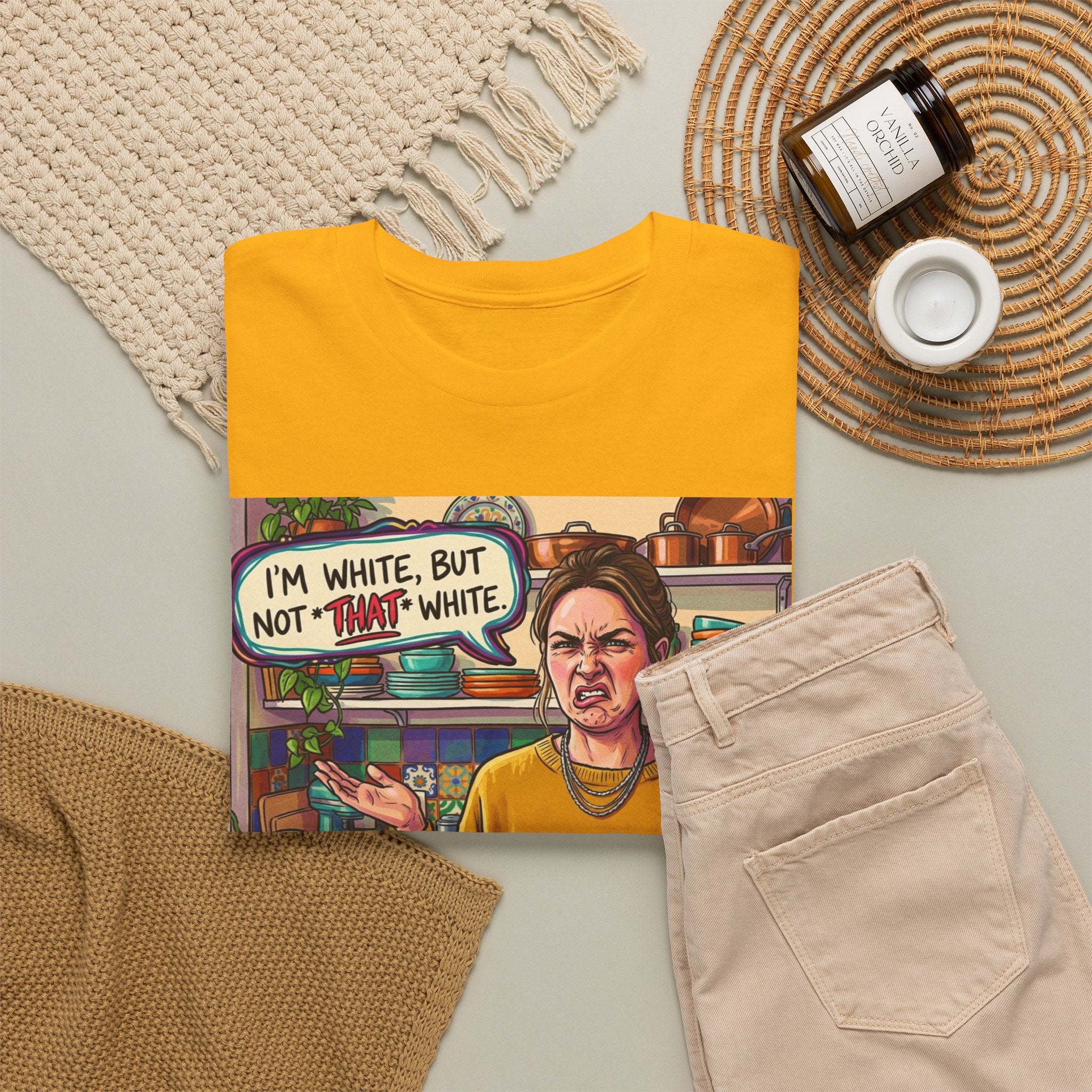 Graphic Tee — "I'm White, But Not THAT White" Illustration with Back Raised Fist Logo
