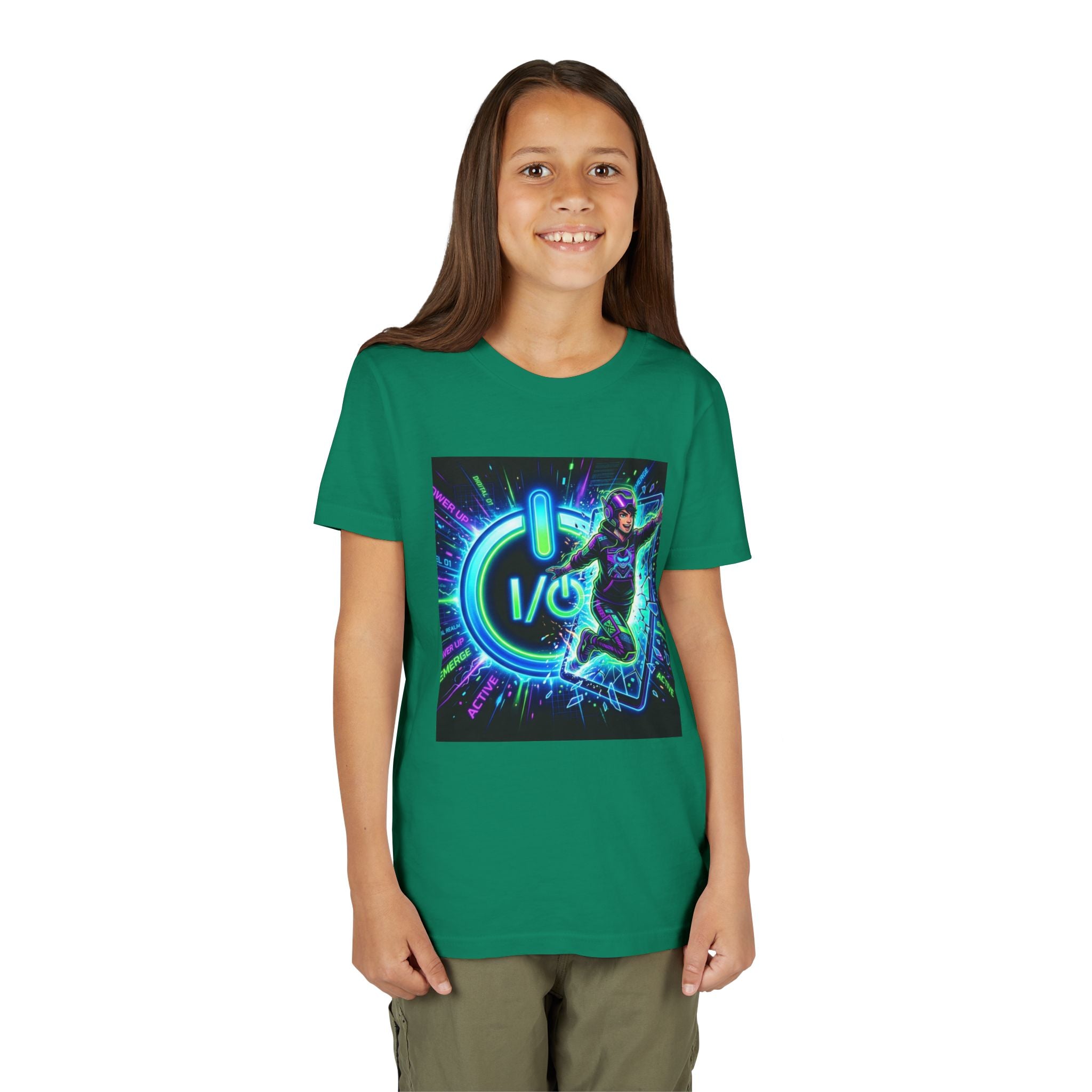Neon Power Button Tee — Gamer Screen Escape Youth T-Shirt