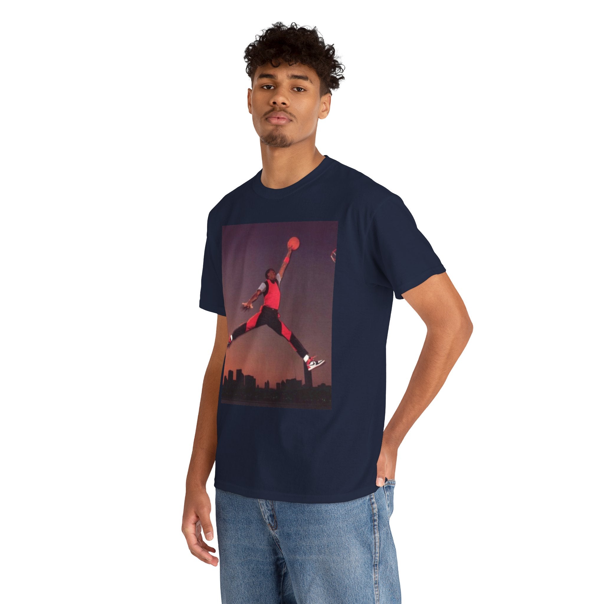 Basketball Jumpman Tee — Retro Skyline Graphic T-Shirt with Red Fist Back Emblem