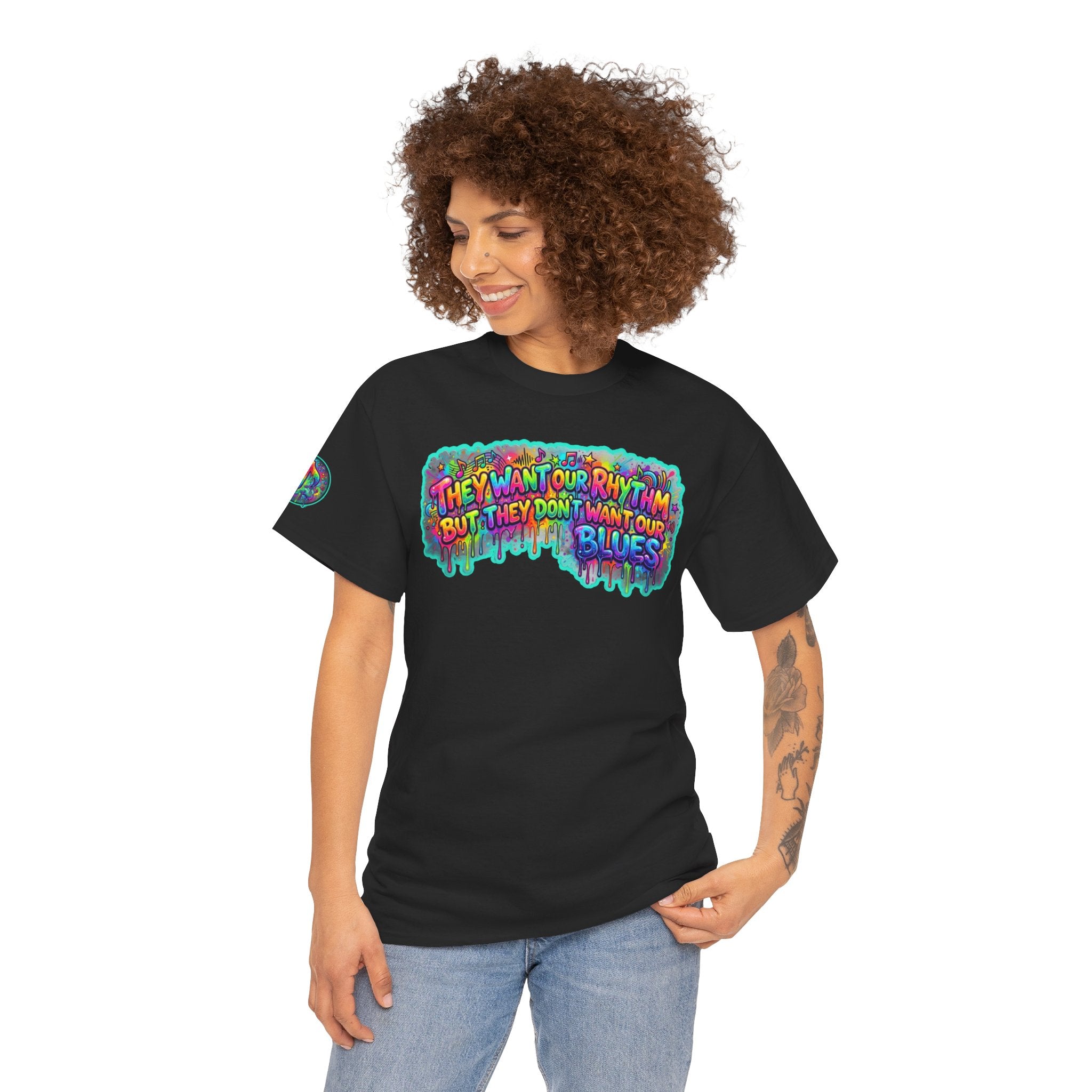 Music Vibes Tee — “They Want Our Rhythm But They Don’t Want Our Blues” Psychedelic Drip Note T-Shirt