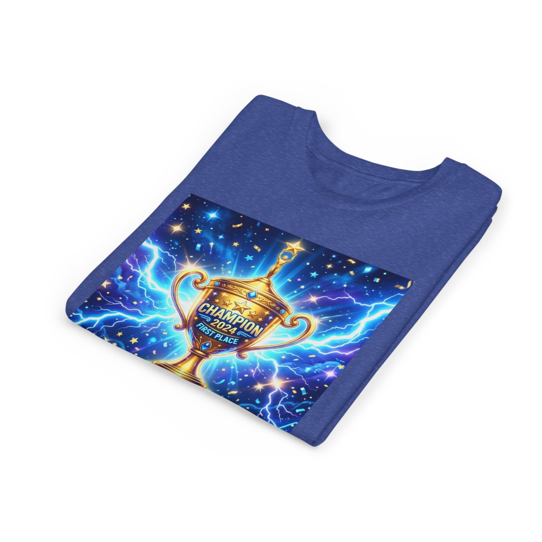 Youth Trophy Lightning Tee — Winning Kids' Short Sleeve Shirt with Stars & Confetti