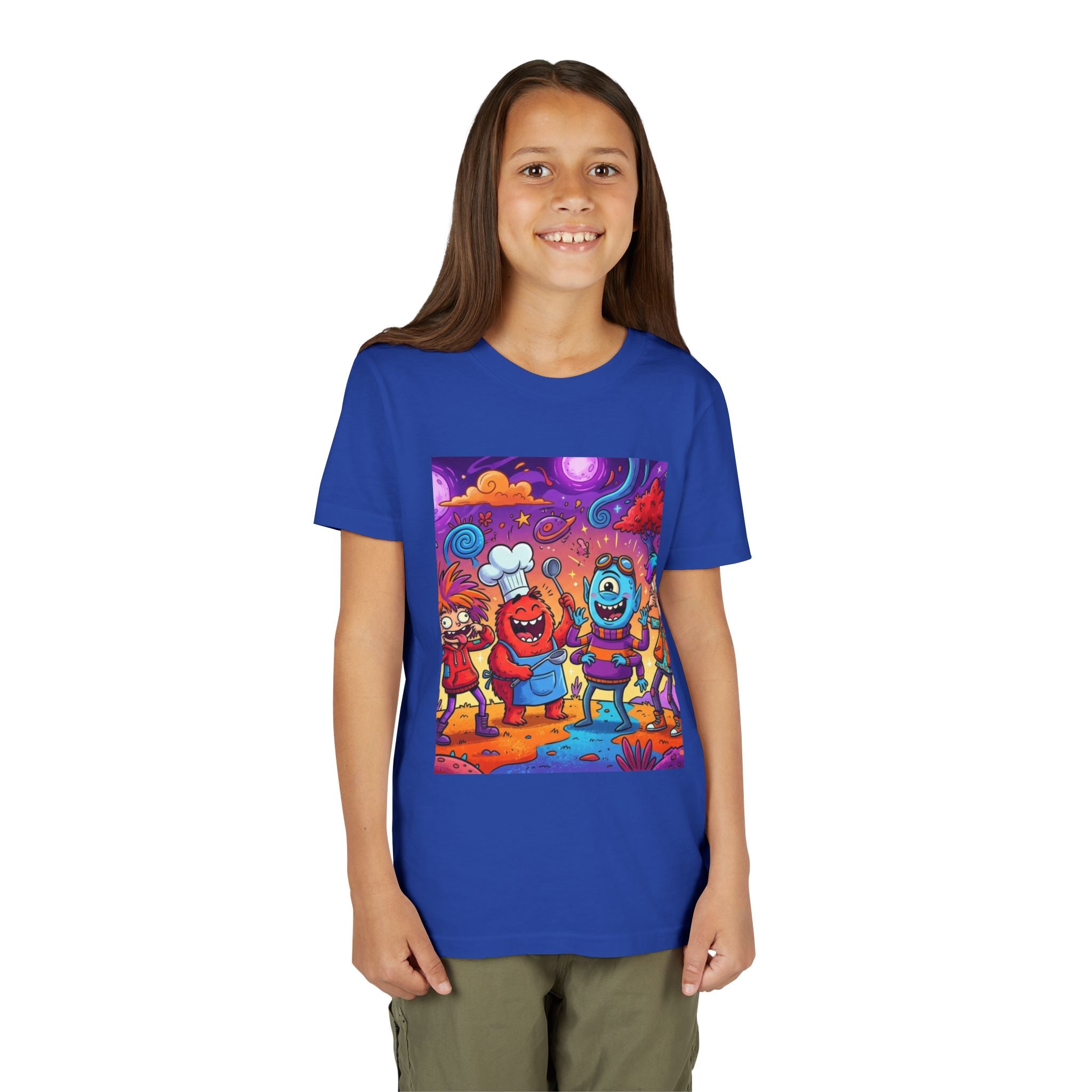 Funny Character Crew Youth Tee — Colorful Crazy Faces Graphic