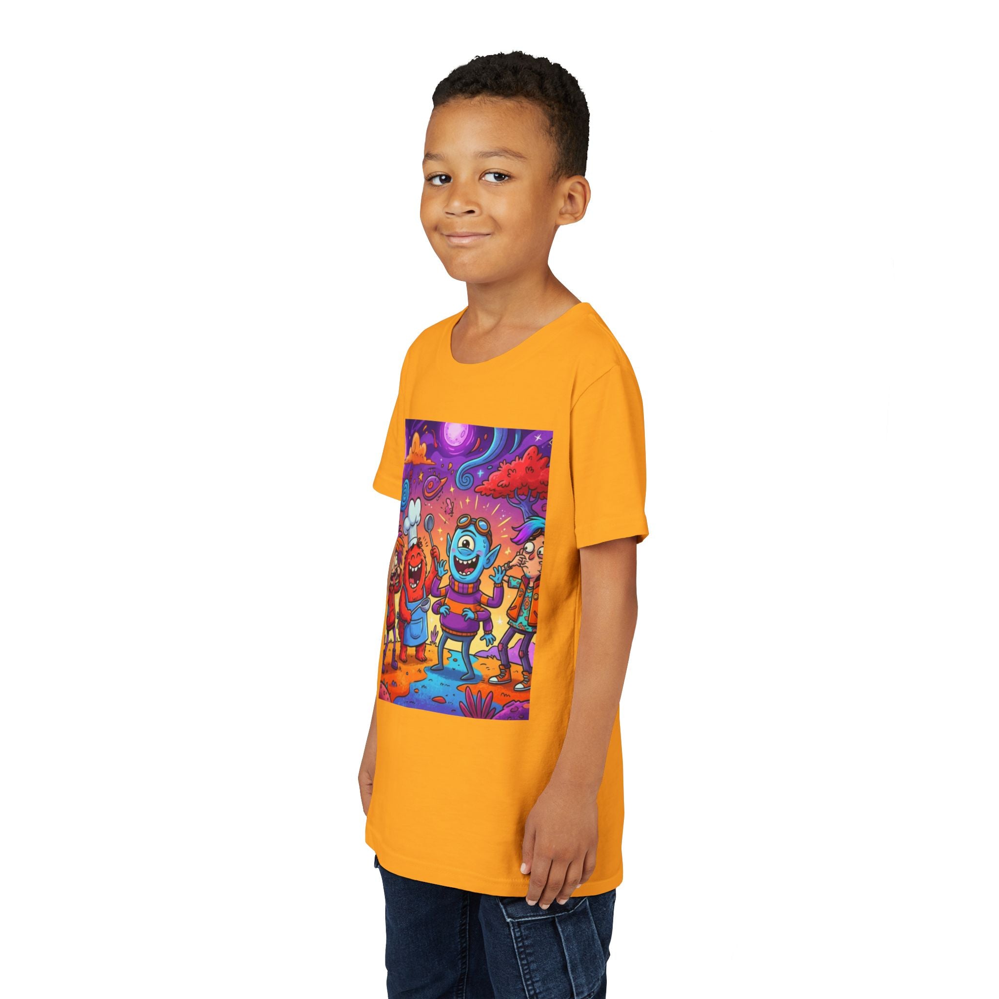 Funny Character Crew Youth Tee — Colorful Crazy Faces Graphic