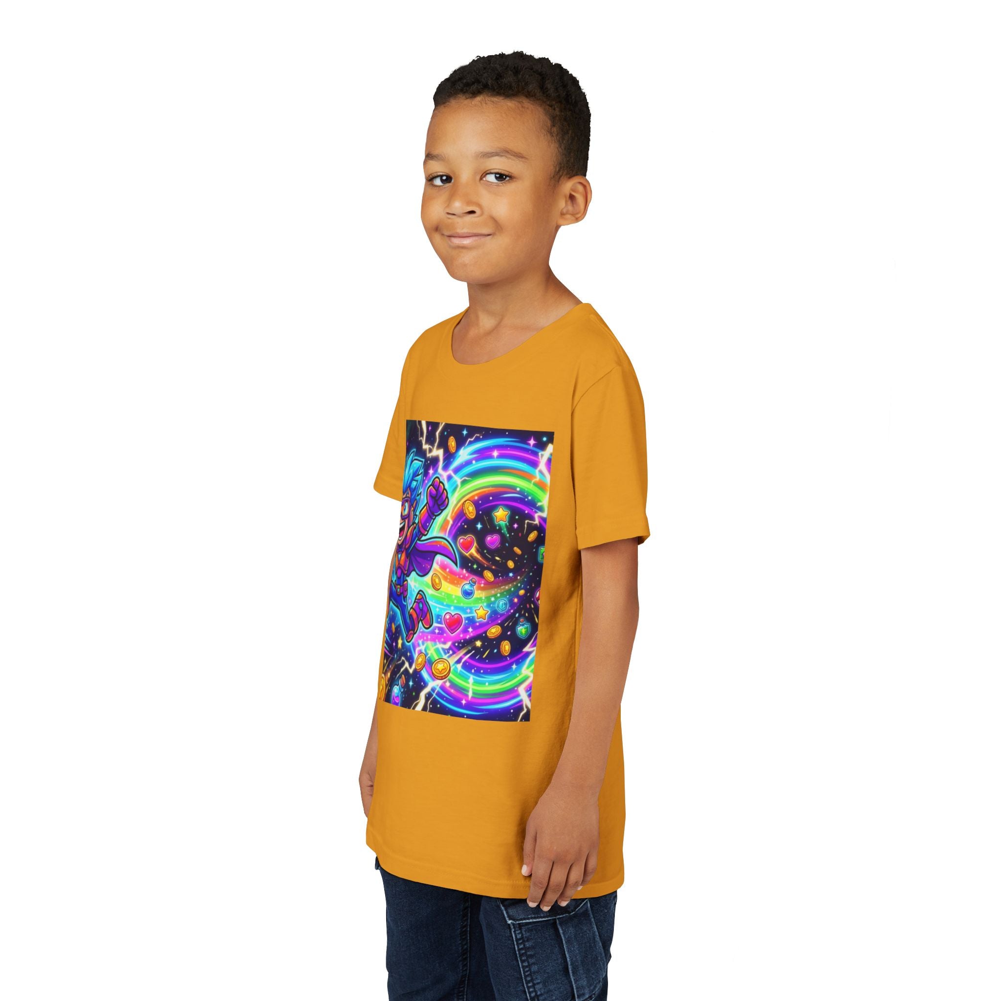 Retro Pixel Explosion Youth Tee — Smiling Avatar, Hearts, Gems & Controllers
