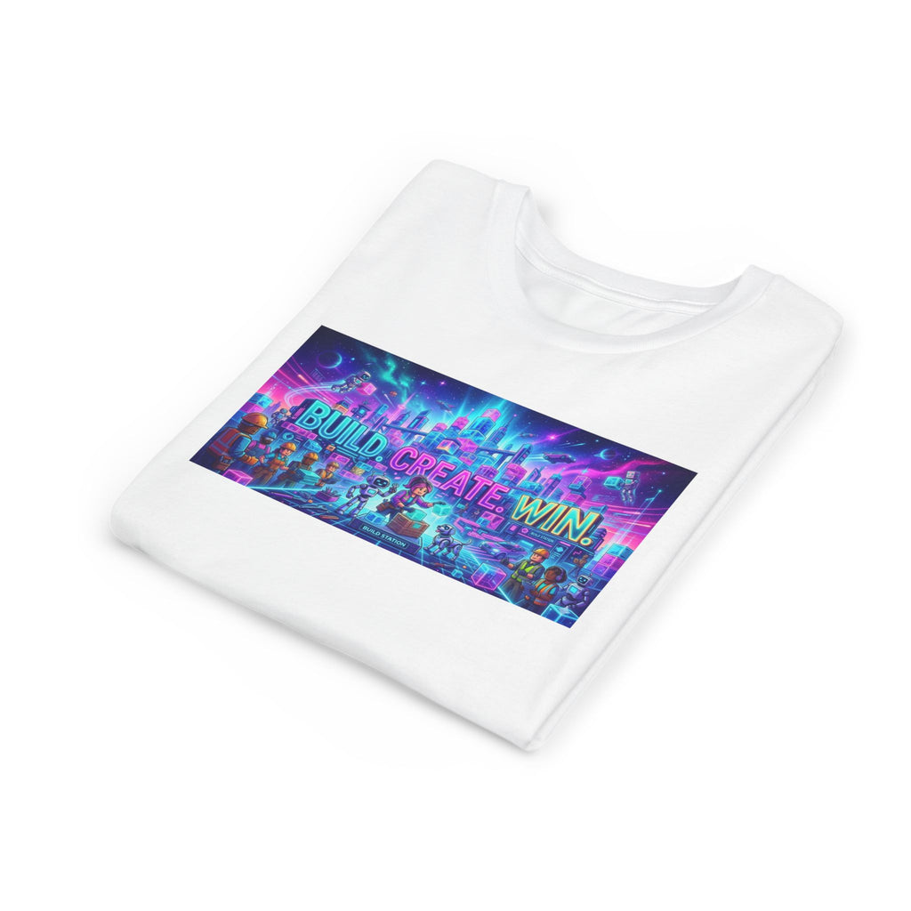 Youth Tee — “BUILD. CREATE. WIN.” Neon Builder City Design