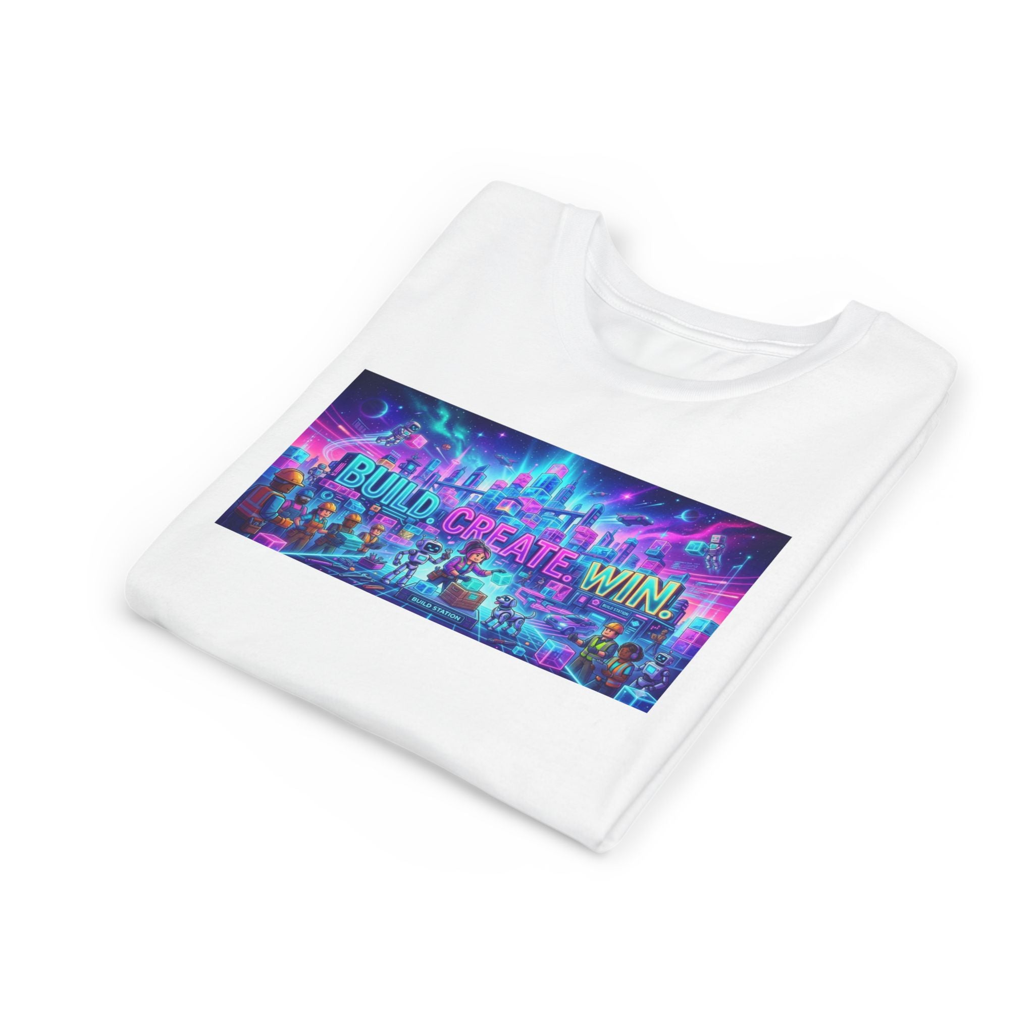 Youth Tee — “BUILD. CREATE. WIN.” Neon Builder City Design