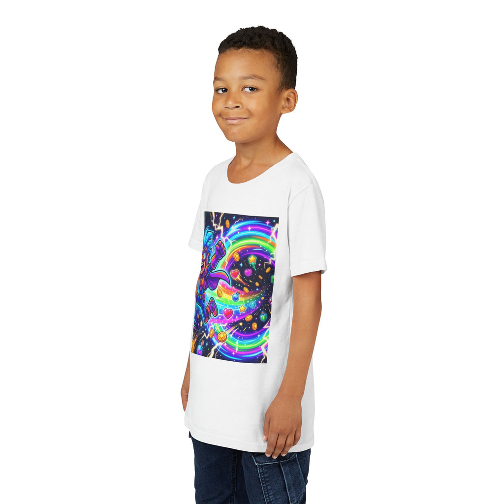 Retro Pixel Explosion Youth Tee — Smiling Avatar, Hearts, Gems & Controllers