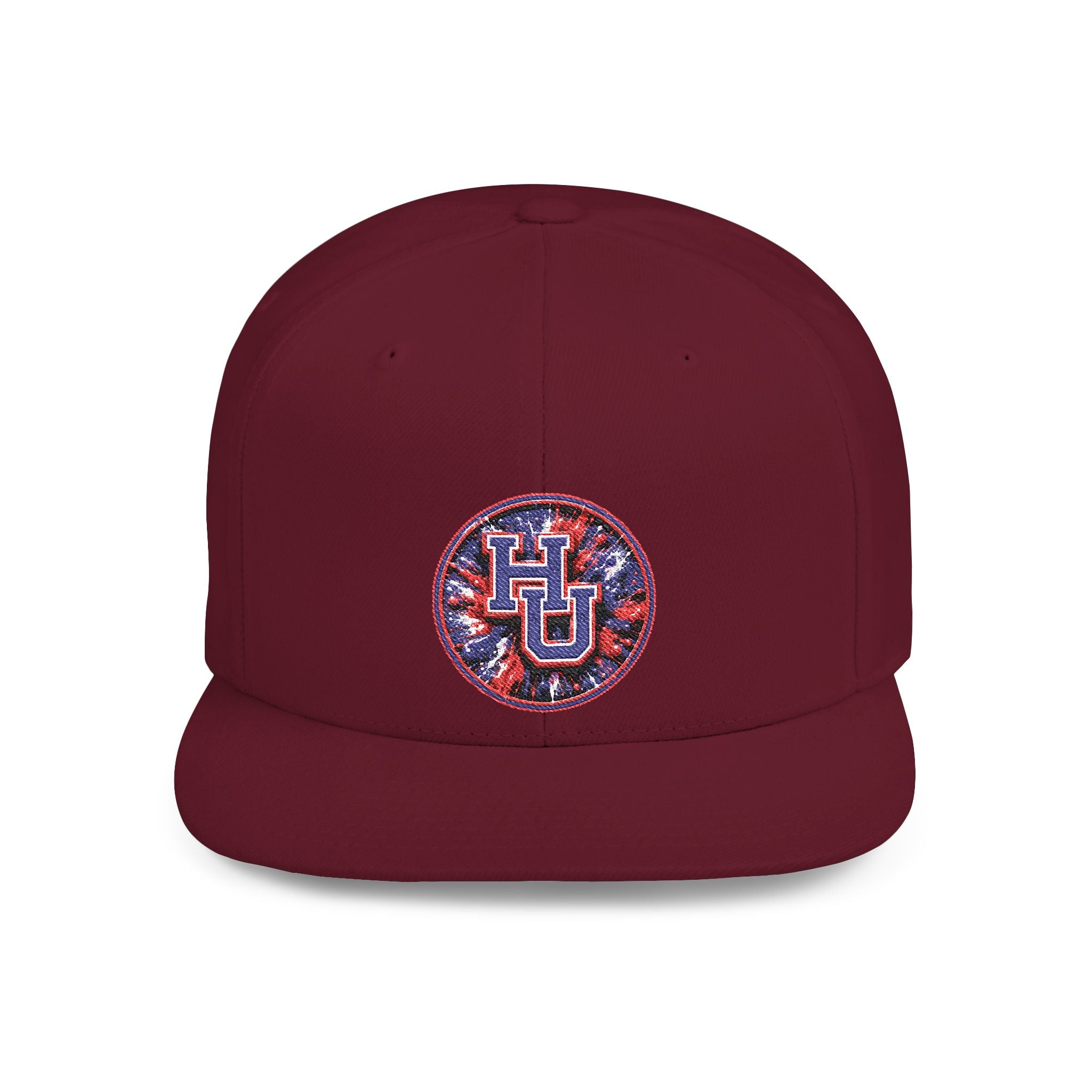 HU Logo Flat Bill Snapback Hat — Red & Blue Sequin Patch Cap