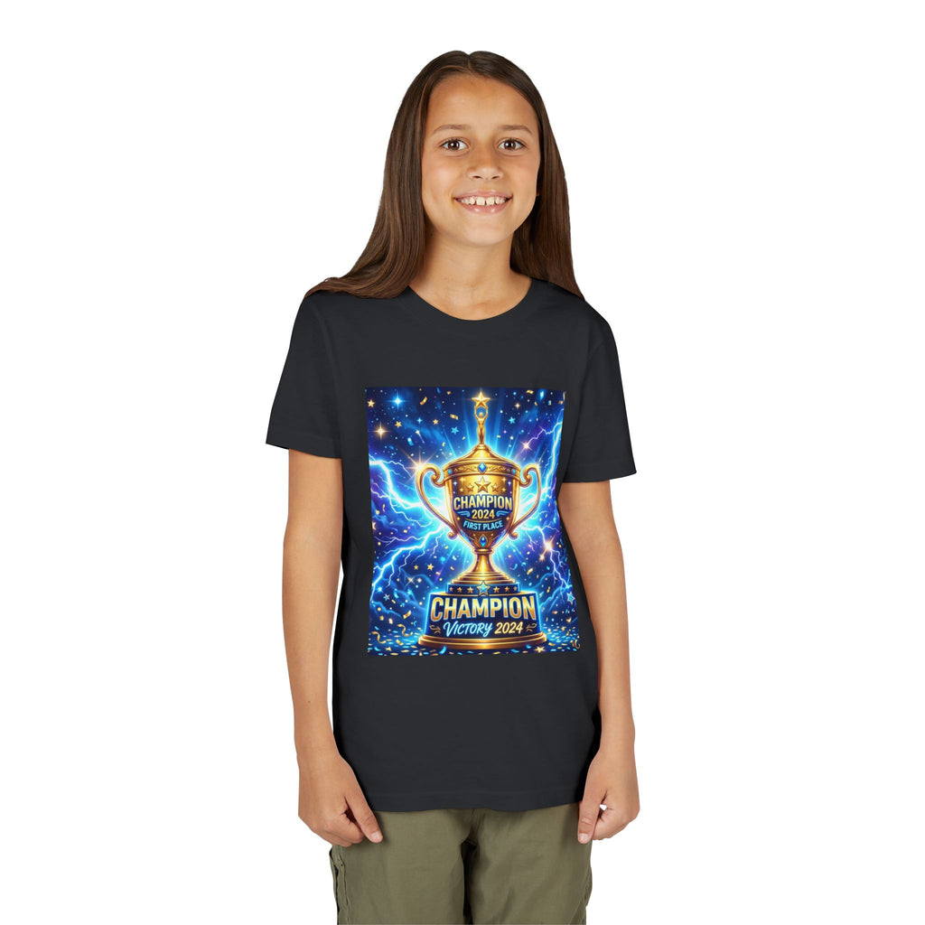 Youth Trophy Lightning Tee — Winning Kids' Short Sleeve Shirt with Stars & Confetti