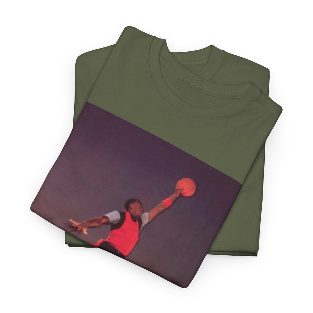 Basketball Jumpman Tee — Retro Skyline Graphic T-Shirt with Red Fist Back Emblem