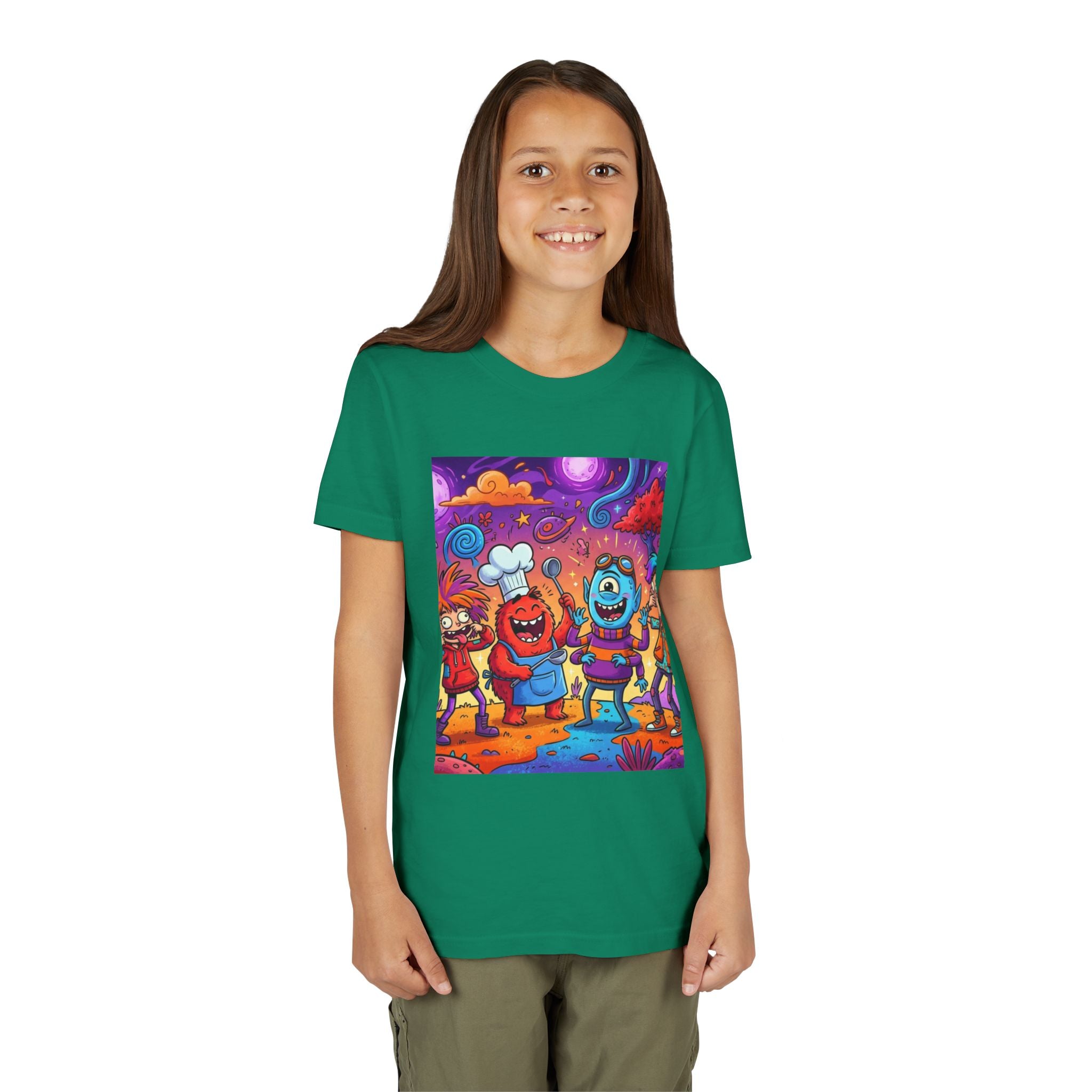 Funny Character Crew Youth Tee — Colorful Crazy Faces Graphic