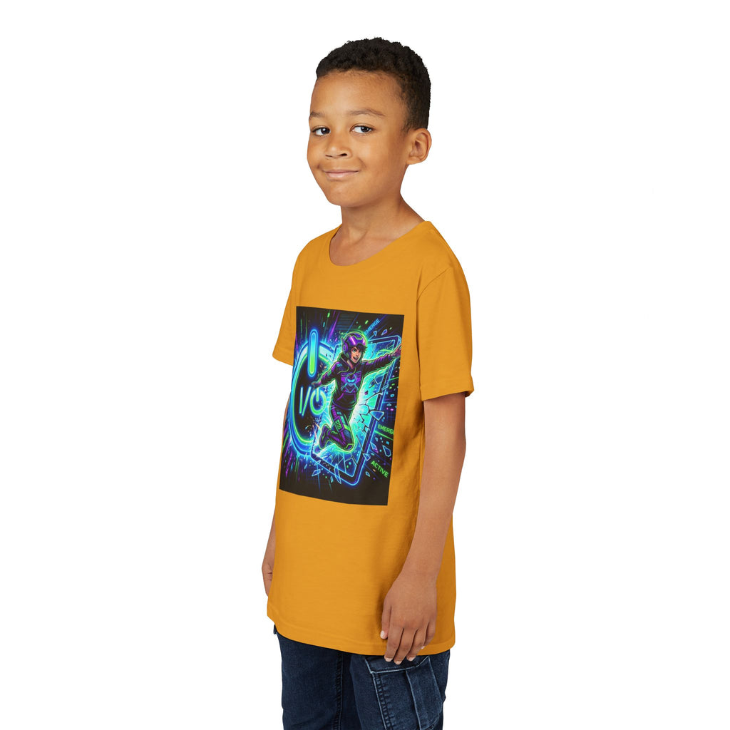 Neon Power Button Tee — Gamer Screen Escape Youth T-Shirt