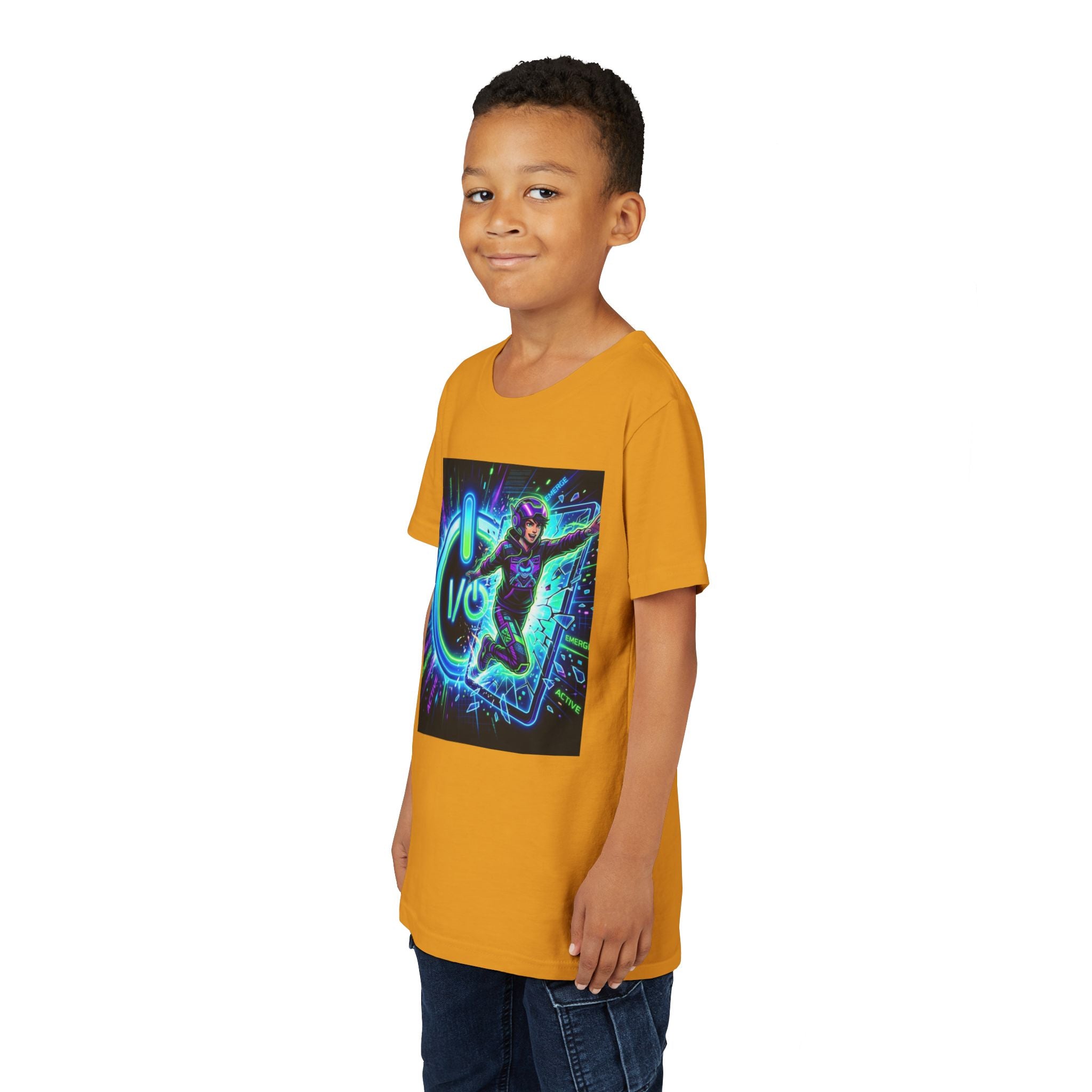 Neon Power Button Tee — Gamer Screen Escape Youth T-Shirt