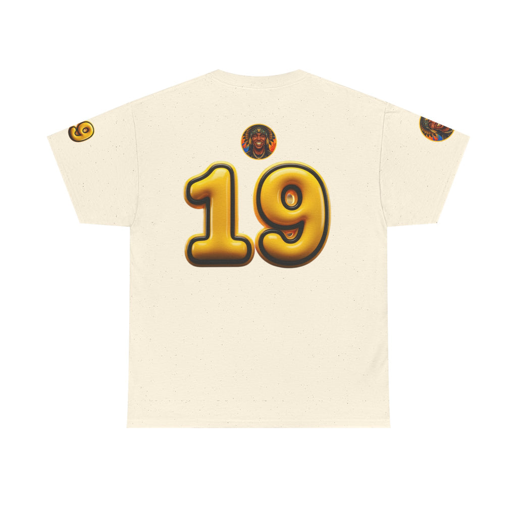 Melanated 19 Graphic Tee — Retro Script Logo & Gold Number Baseball Shirt
