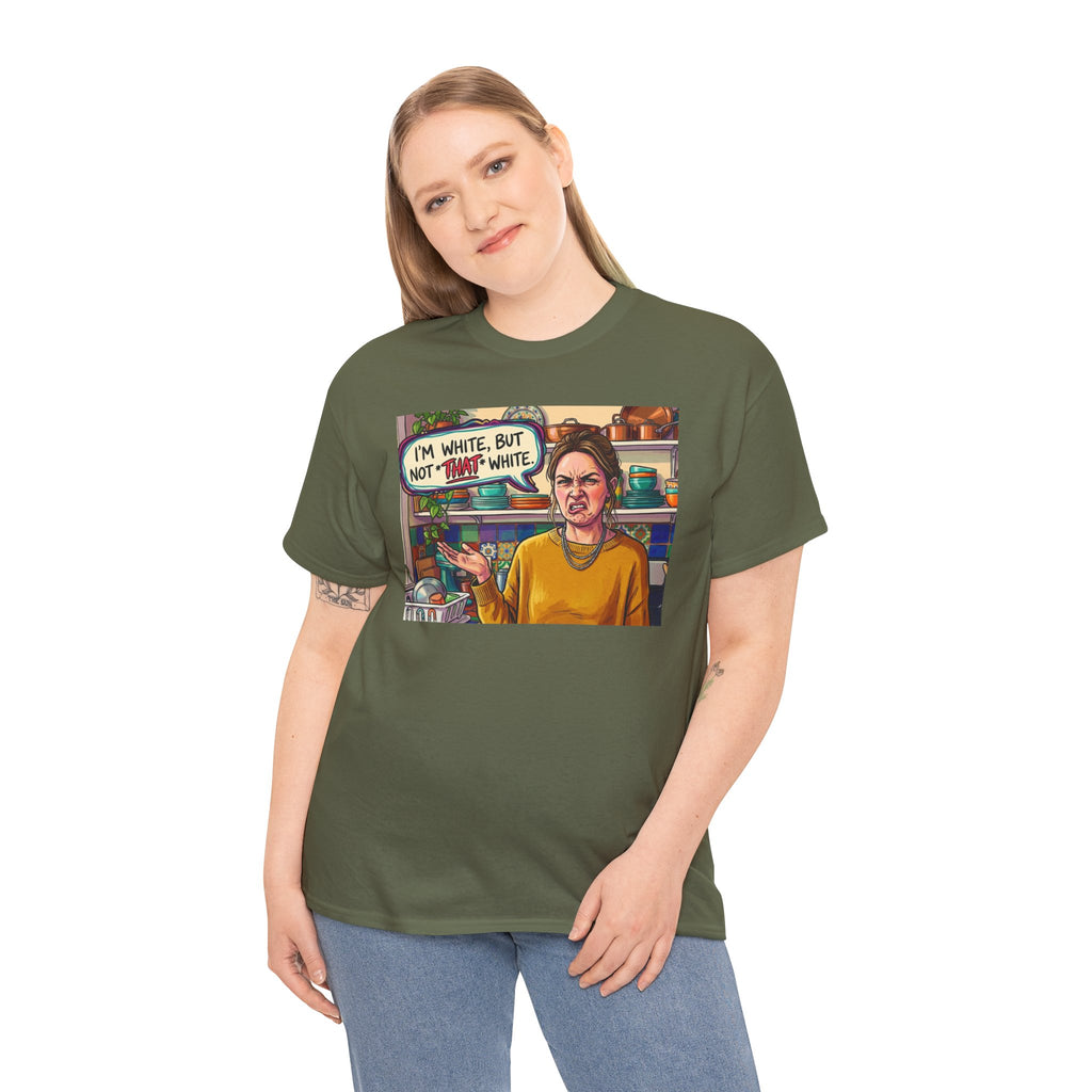Graphic Tee — "I'm White, But Not THAT White" Illustration with Back Raised Fist Logo