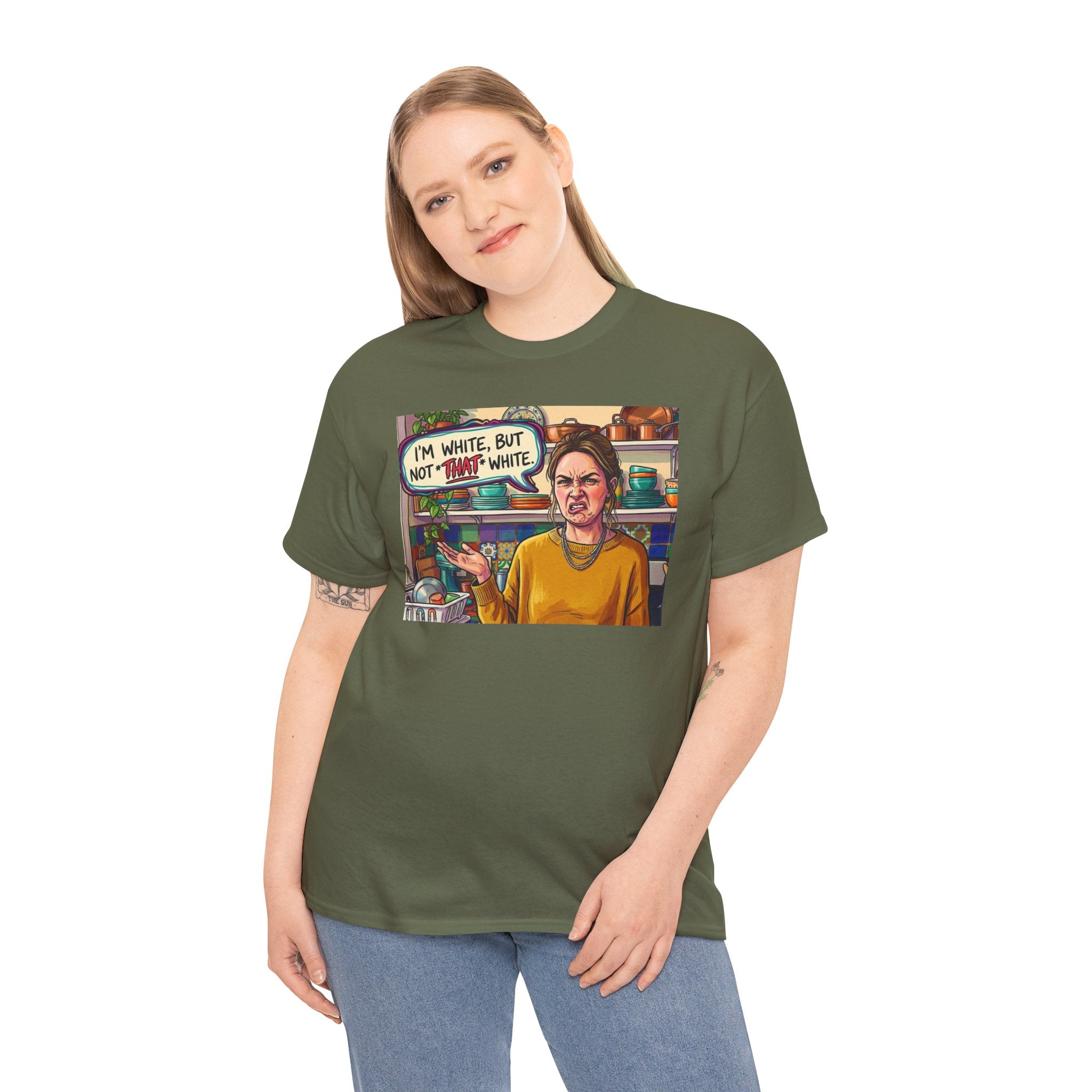 Graphic Tee — "I'm White, But Not THAT White" Illustration with Back Raised Fist Logo