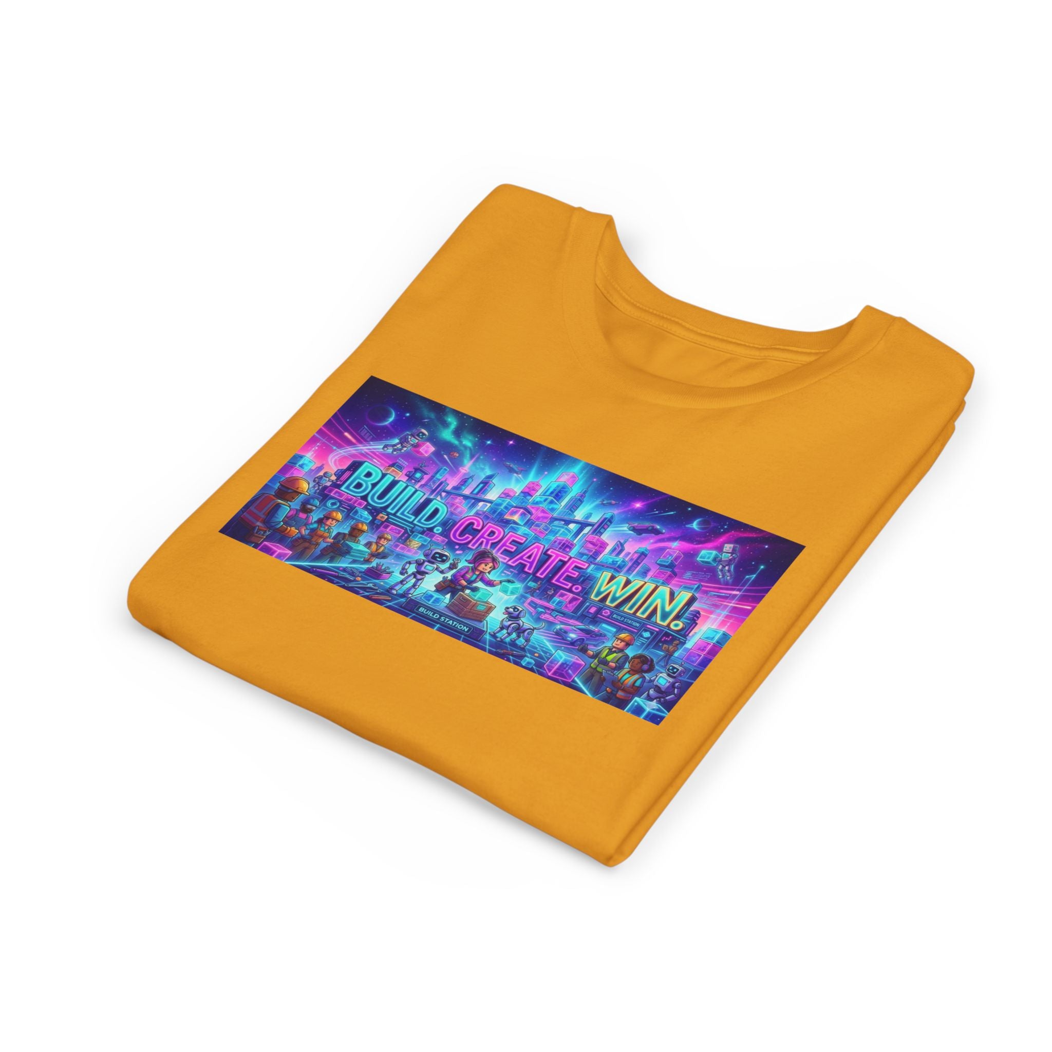 Youth Tee — “BUILD. CREATE. WIN.” Neon Builder City Design