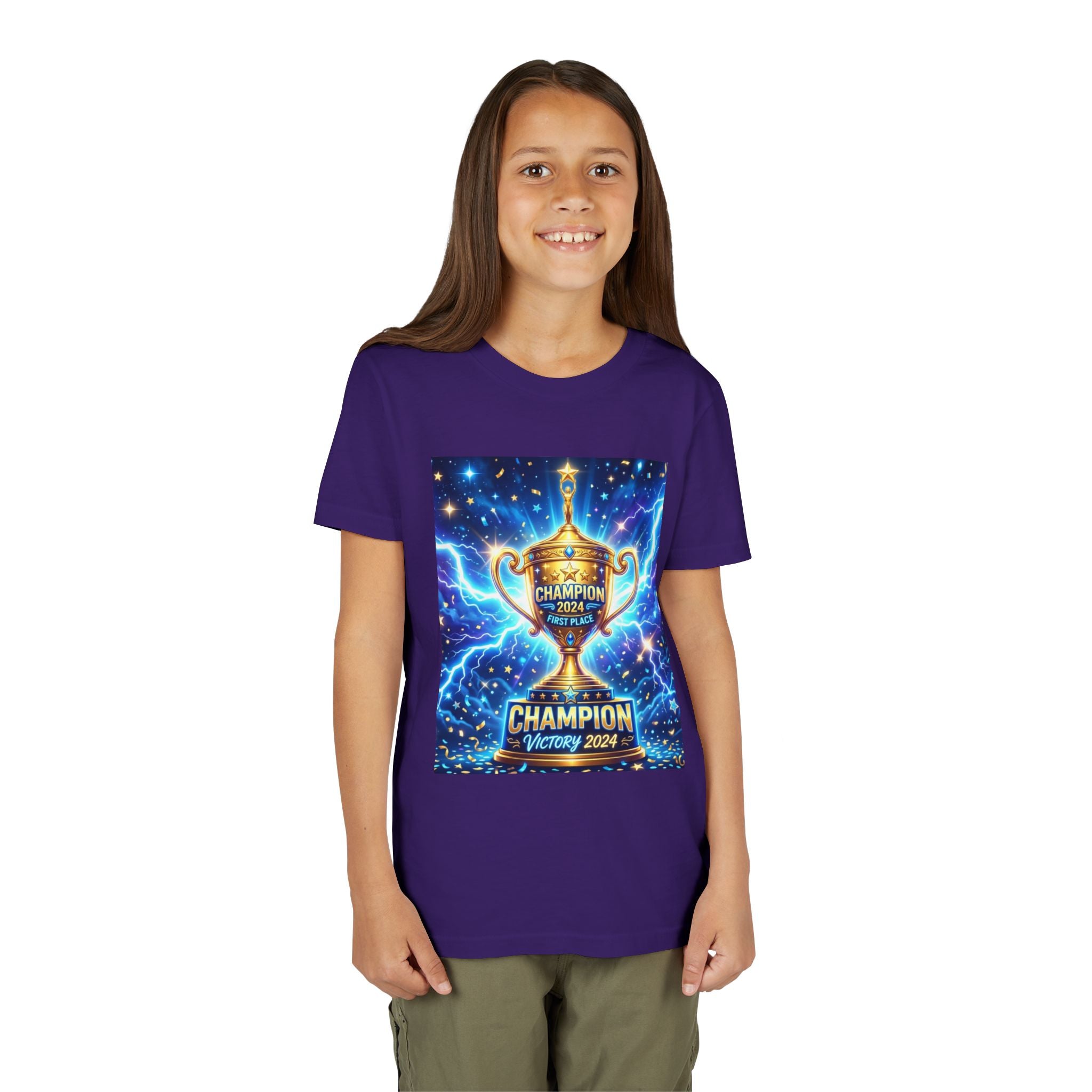 Youth Trophy Lightning Tee — Winning Kids' Short Sleeve Shirt with Stars & Confetti