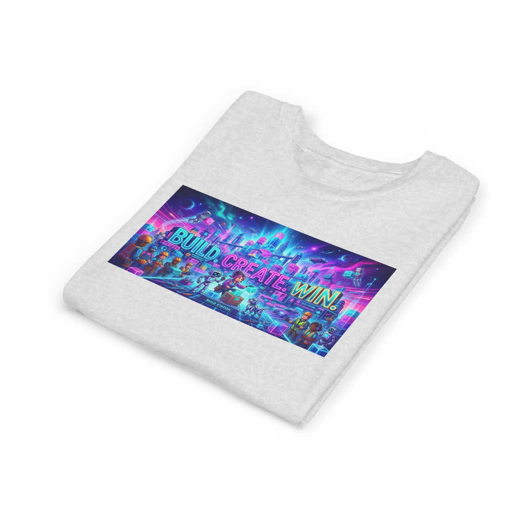Youth Tee — “BUILD. CREATE. WIN.” Neon Builder City Design