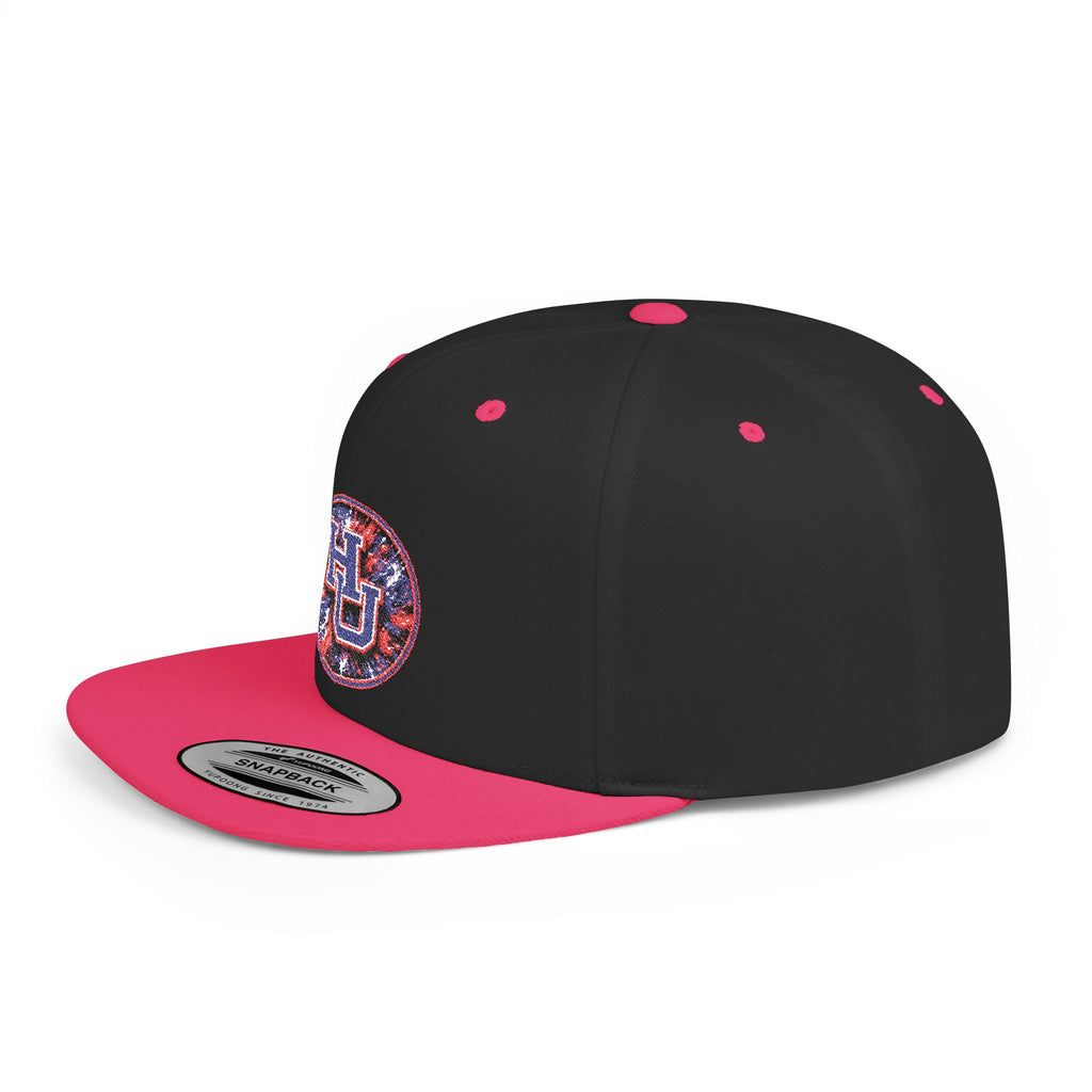 HU Logo Flat Bill Snapback Hat — Red & Blue Sequin Patch Cap