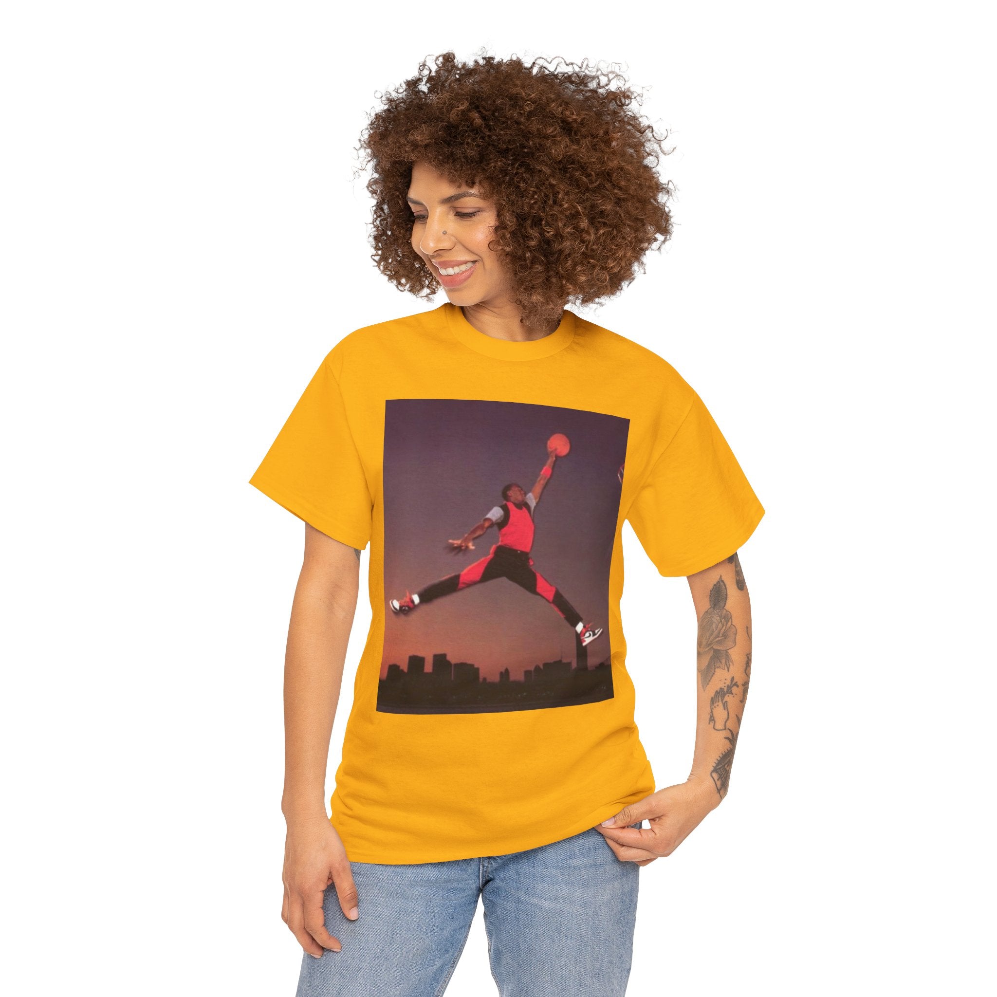 Basketball Jumpman Tee — Retro Skyline Graphic T-Shirt with Red Fist Back Emblem