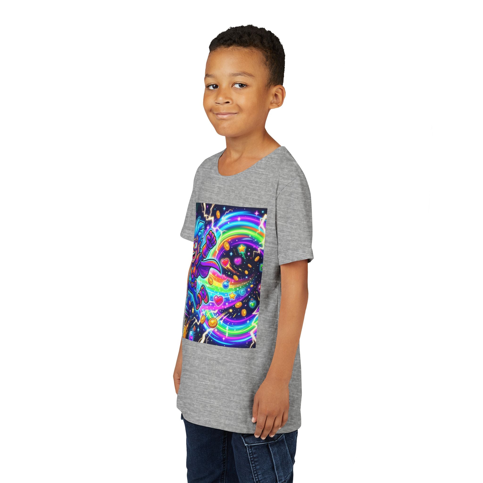 Retro Pixel Explosion Youth Tee — Smiling Avatar, Hearts, Gems & Controllers