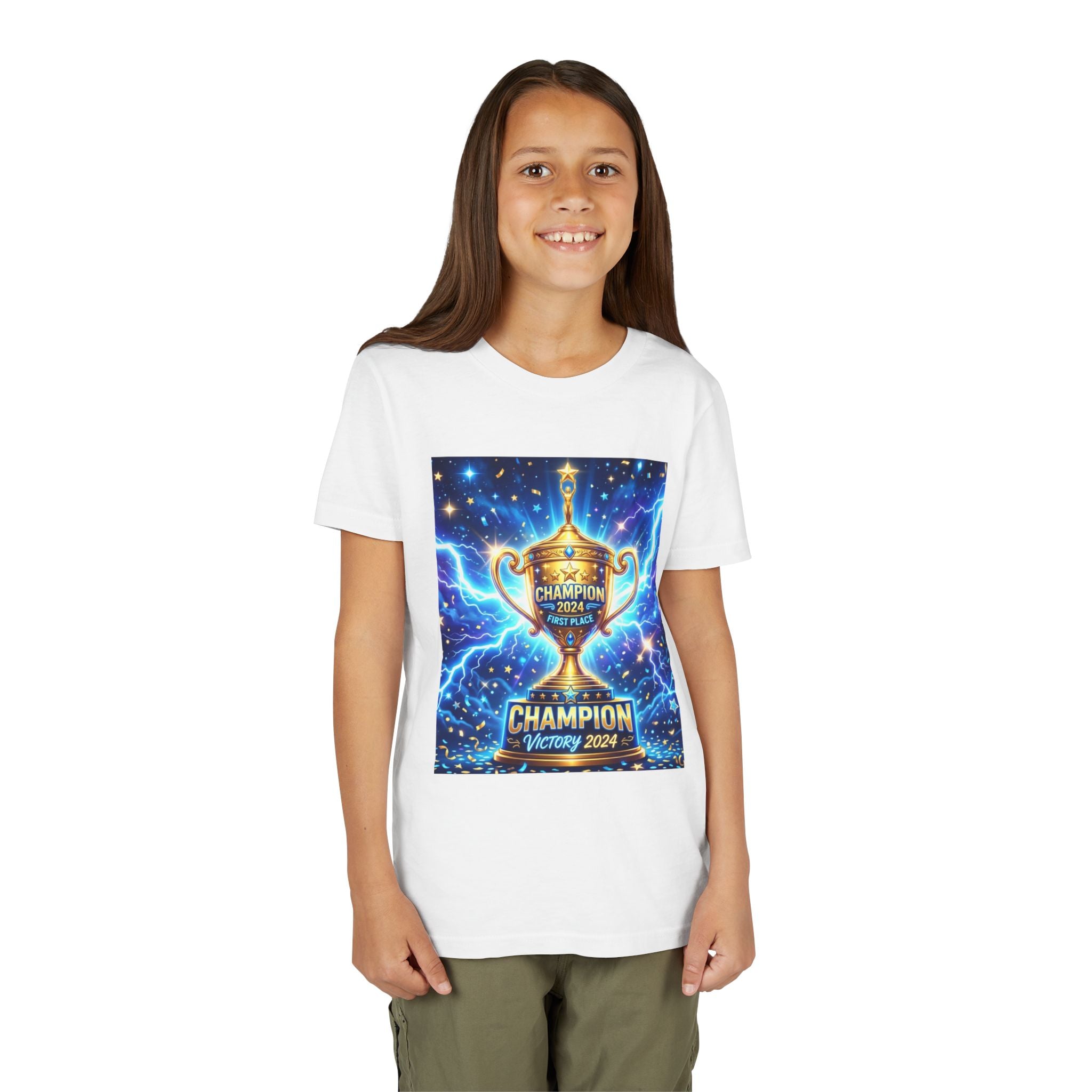 Youth Trophy Lightning Tee — Winning Kids' Short Sleeve Shirt with Stars & Confetti