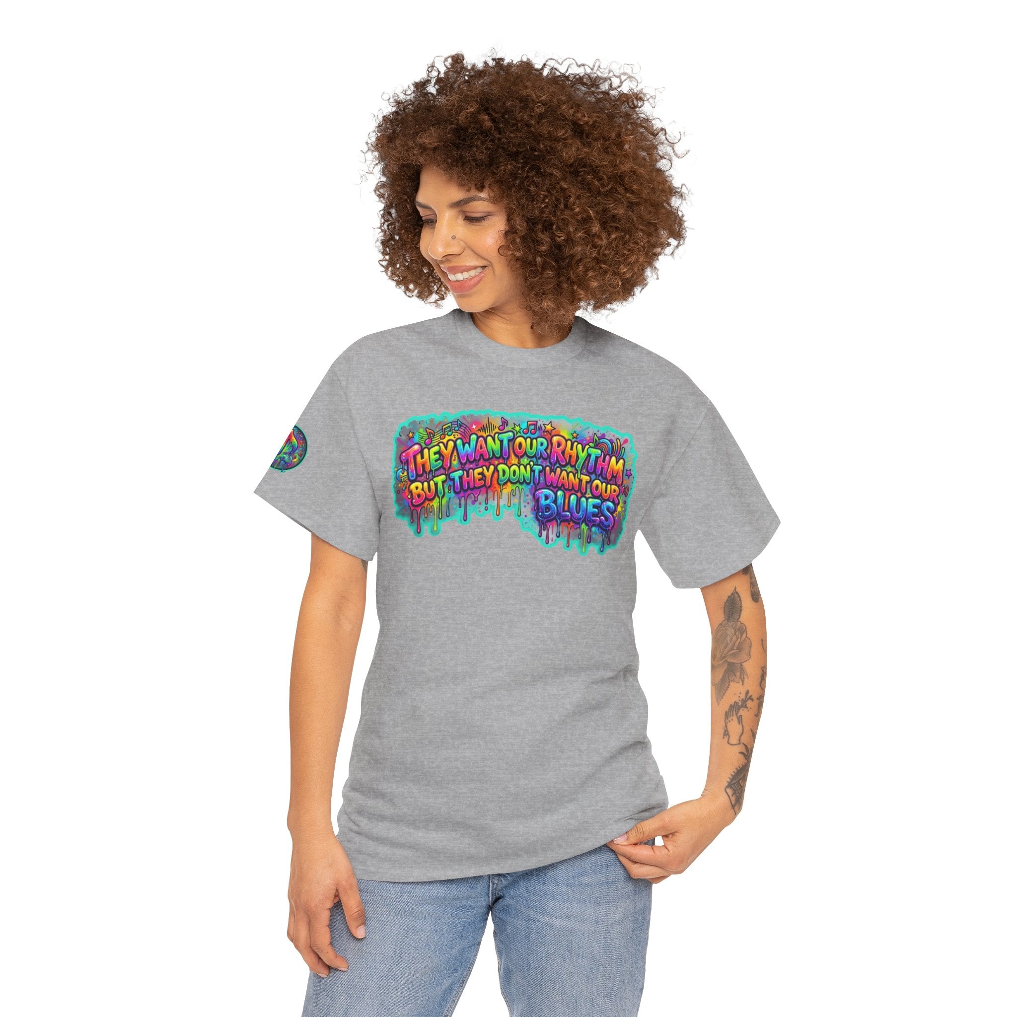 Music Vibes Tee — “They Want Our Rhythm But They Don’t Want Our Blues” Psychedelic Drip Note T-Shirt