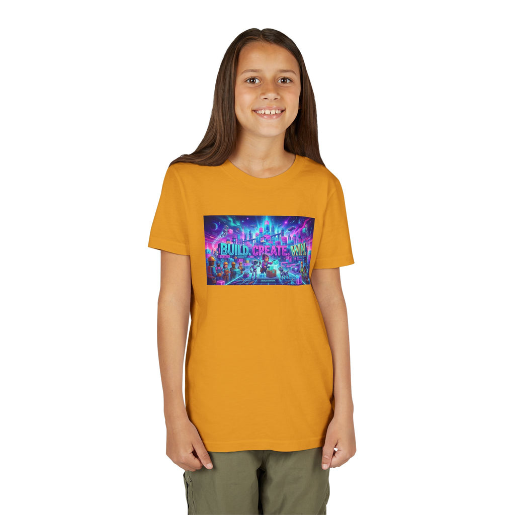 Youth Tee — “BUILD. CREATE. WIN.” Neon Builder City Design