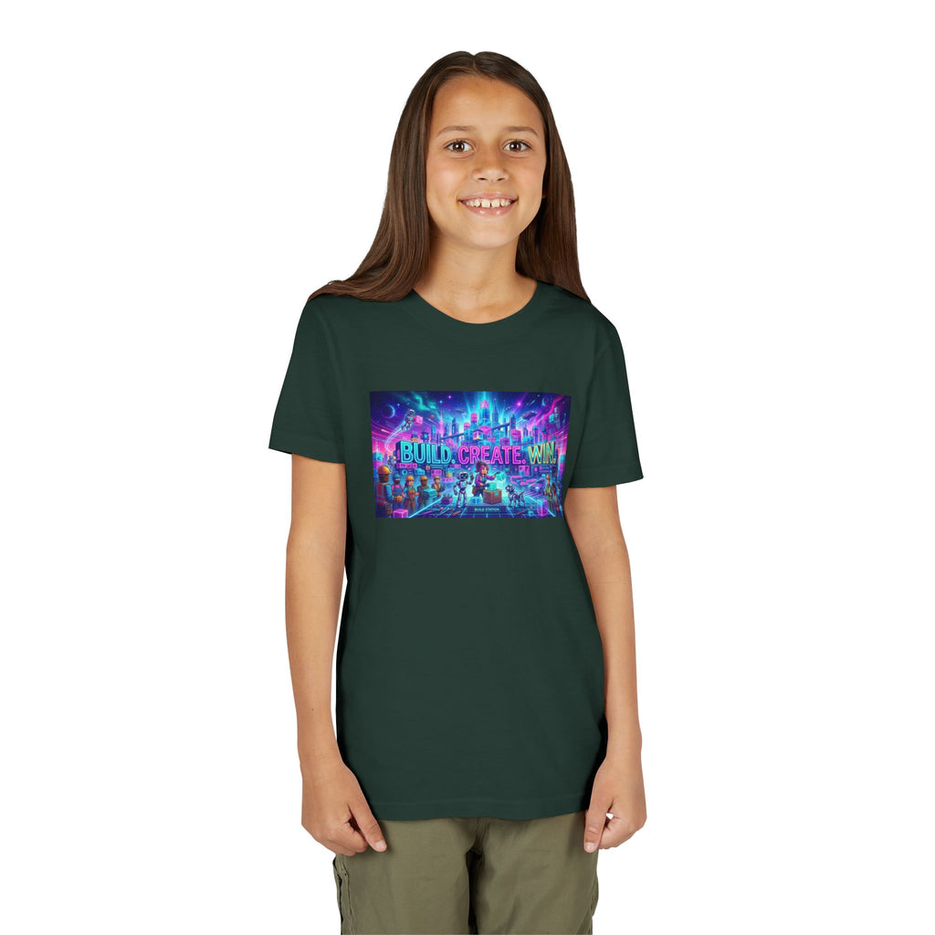 Youth Tee — “BUILD. CREATE. WIN.” Neon Builder City Design