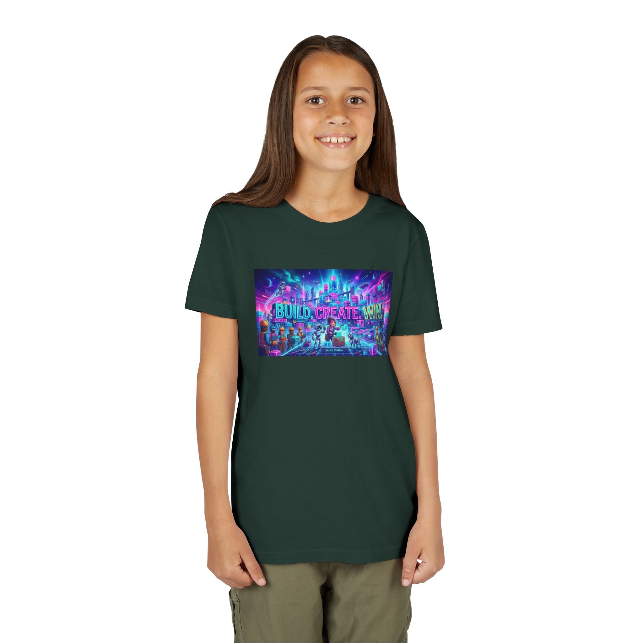 Youth Tee — “BUILD. CREATE. WIN.” Neon Builder City Design