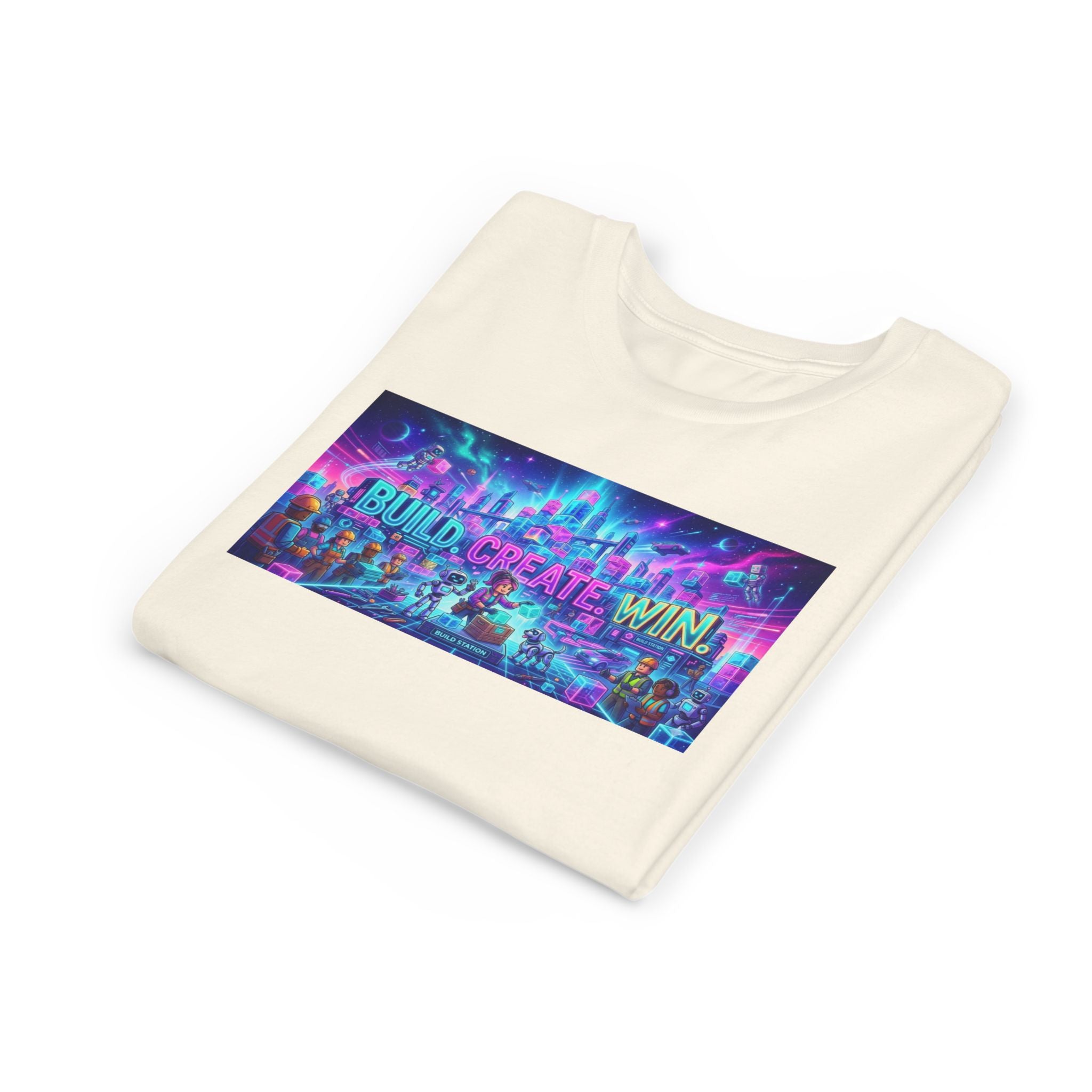 Youth Tee — “BUILD. CREATE. WIN.” Neon Builder City Design