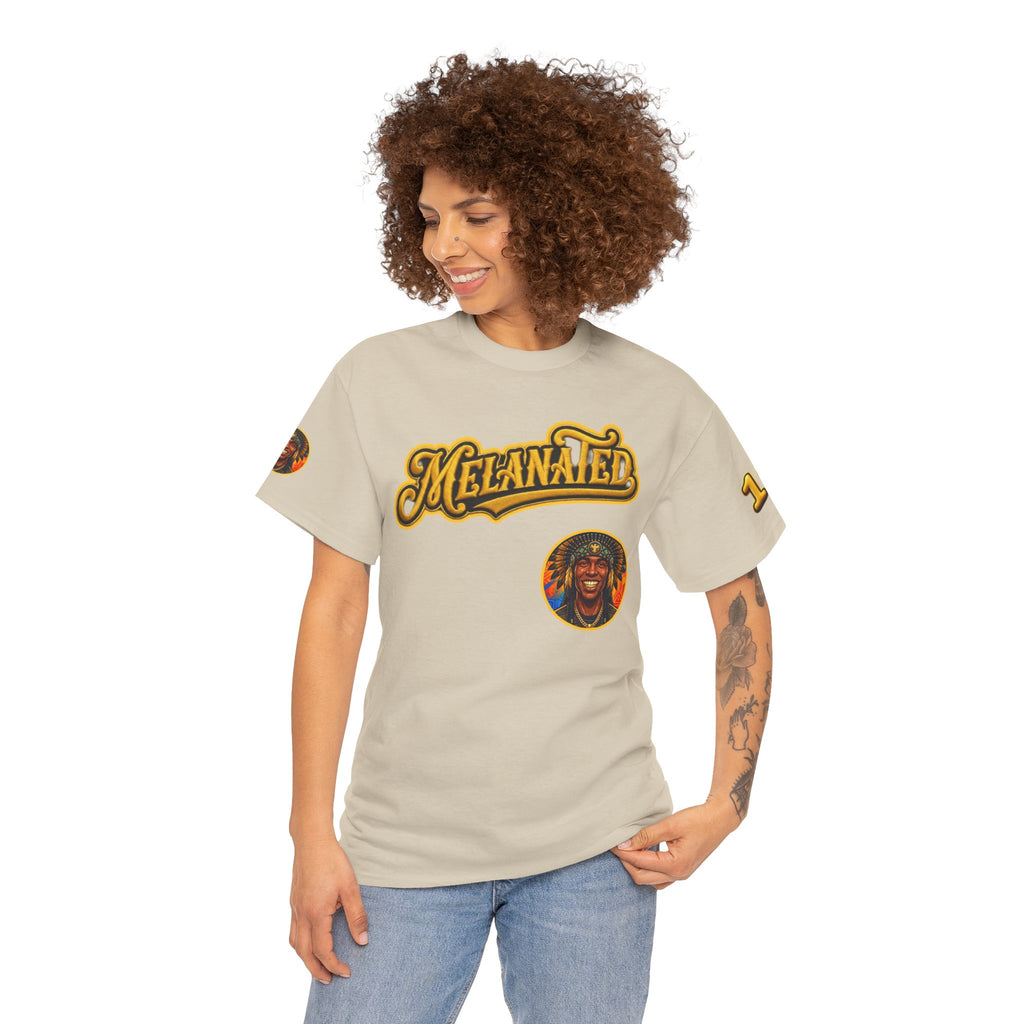 Melanated 19 Graphic Tee — Retro Script Logo & Gold Number Baseball Shirt