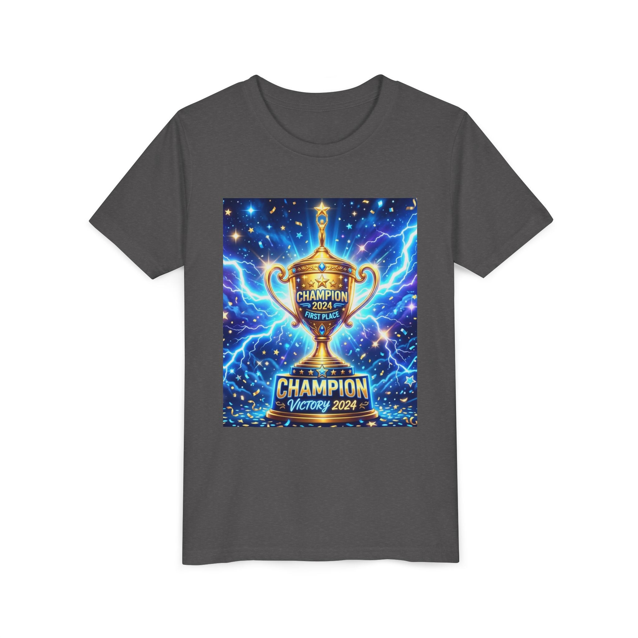 Youth Trophy Lightning Tee — Winning Kids' Short Sleeve Shirt with Stars & Confetti