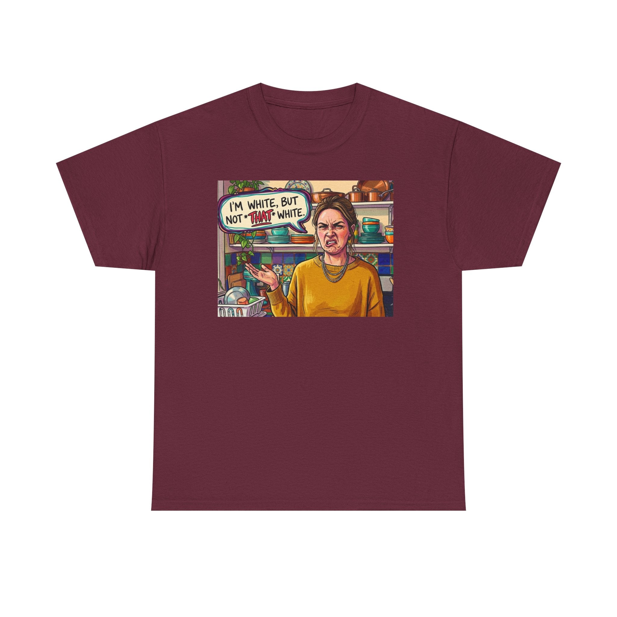 Graphic Tee — "I'm White, But Not THAT White" Illustration with Back Raised Fist Logo