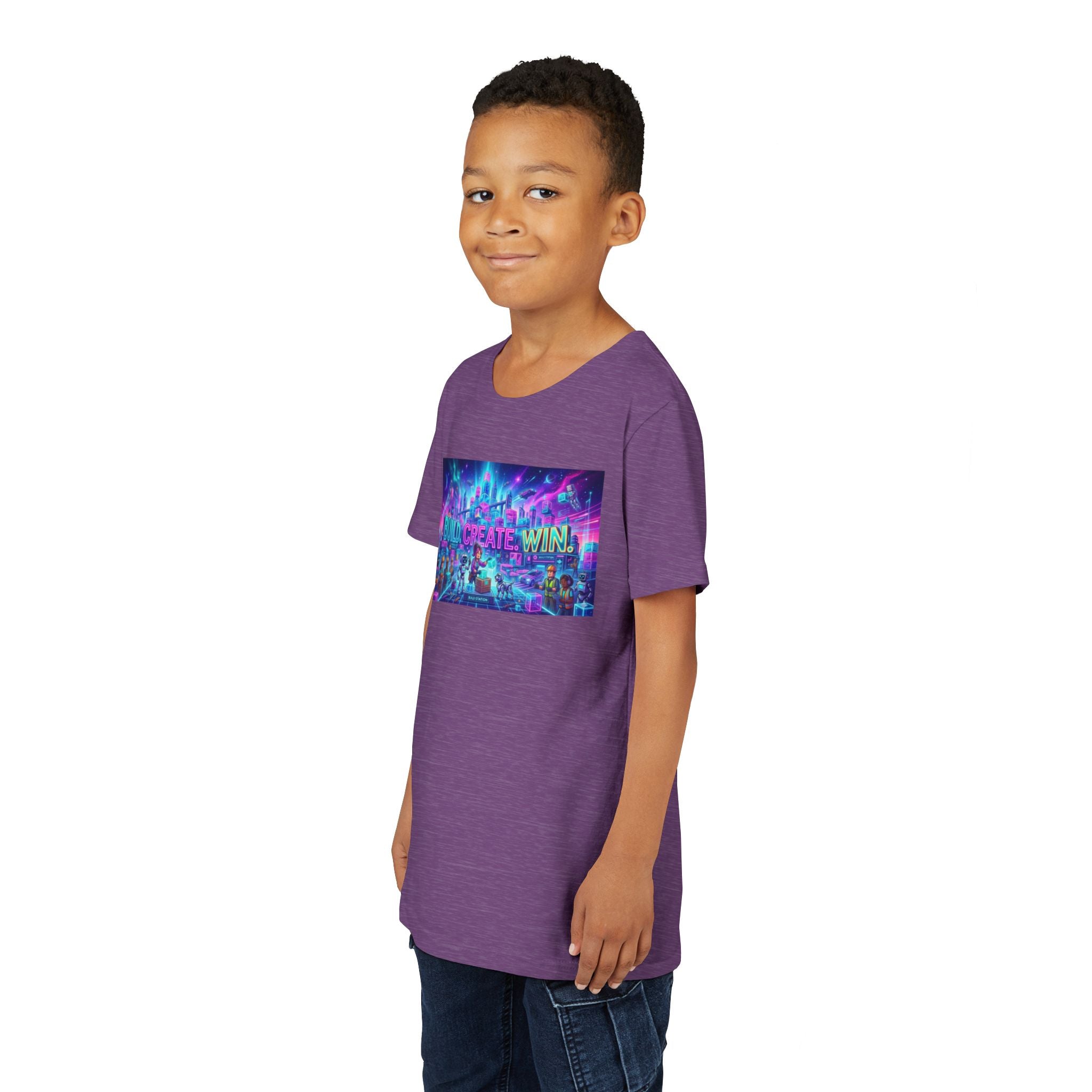 Youth Tee — “BUILD. CREATE. WIN.” Neon Builder City Design