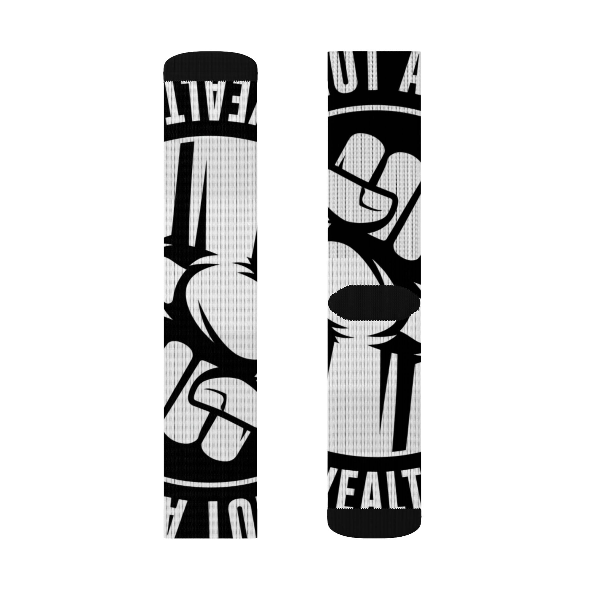 Black & White Fist Logo Sublimation Socks — Bold Streetwear Crew Socks