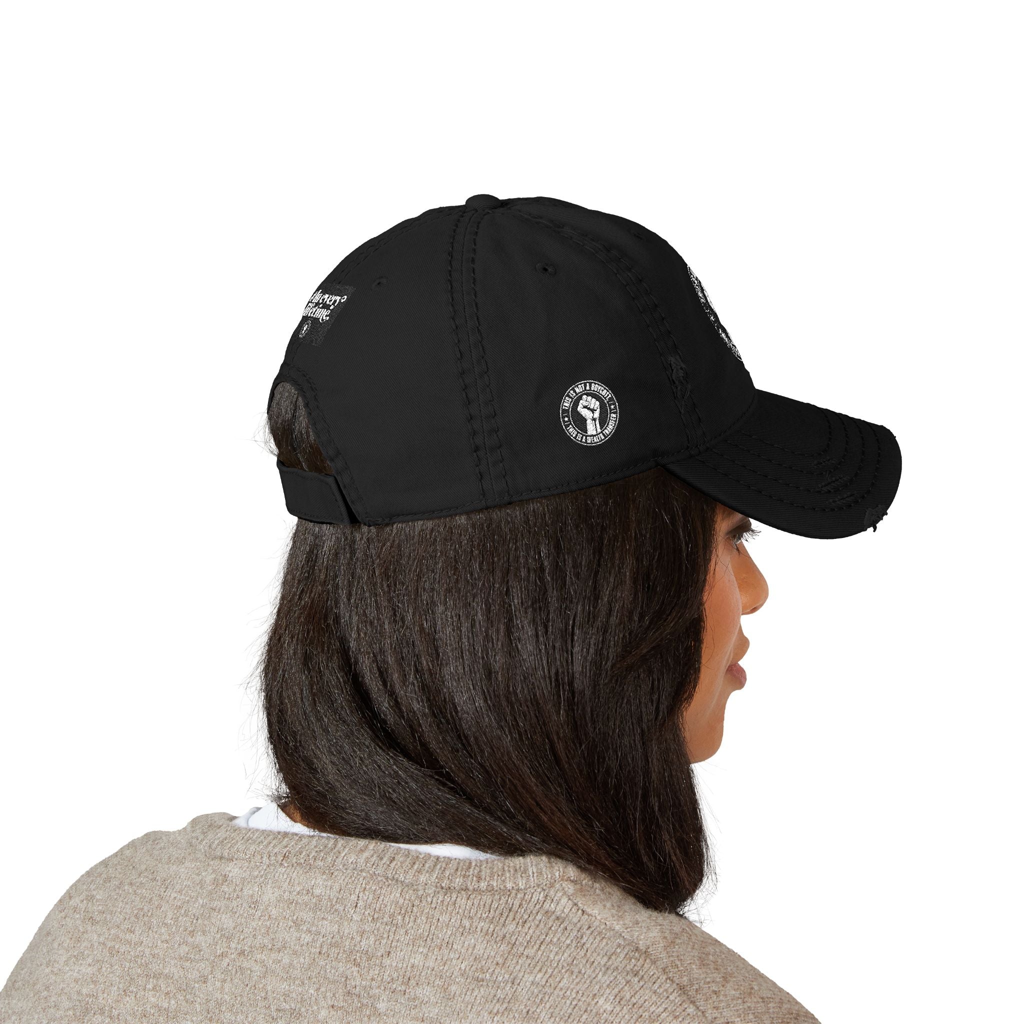 Distressed Embroidered Dad Hat — Raised Fist Emblem, “In Every Lifetime” Back Tag