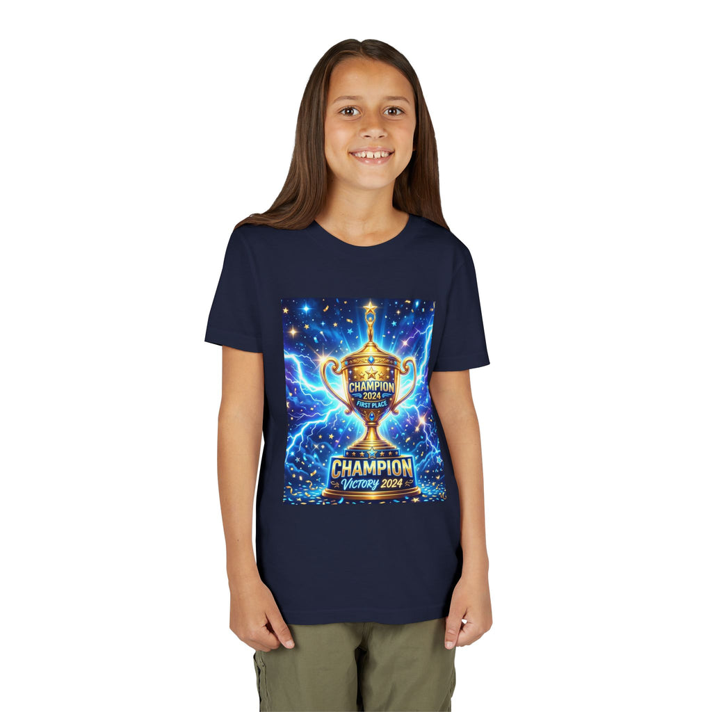 Youth Trophy Lightning Tee — Winning Kids' Short Sleeve Shirt with Stars & Confetti