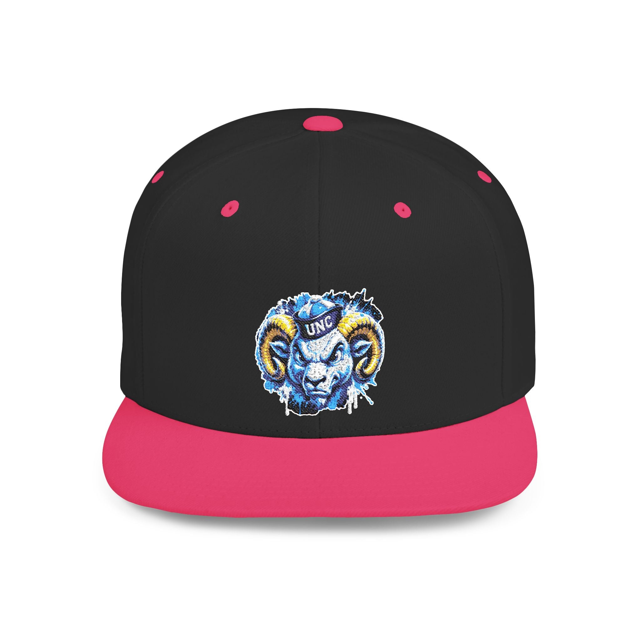 Ram Head Snapback Hat — Blue & Gold Embroidered Flat-Bill Cap
