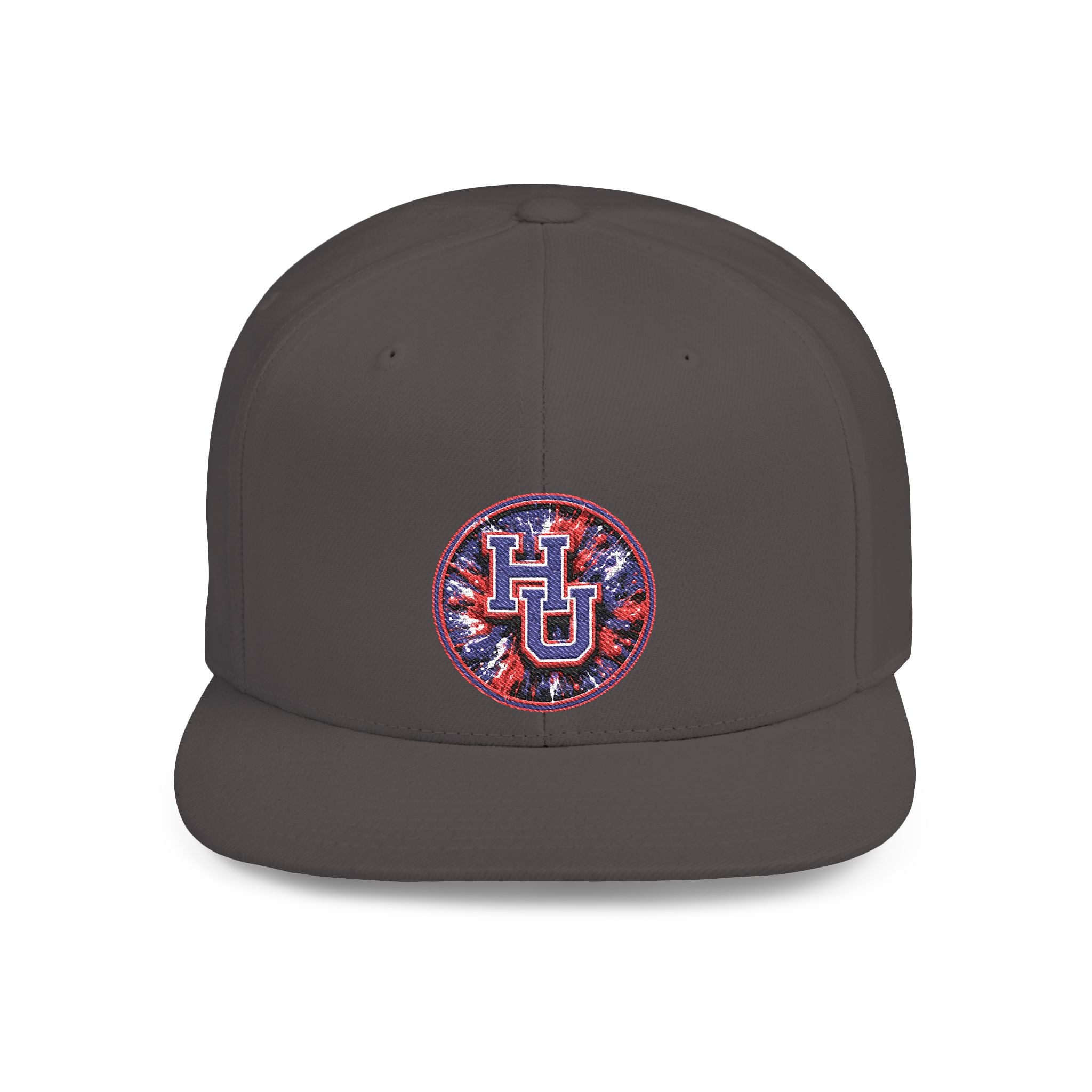 HU Logo Flat Bill Snapback Hat — Red & Blue Sequin Patch Cap