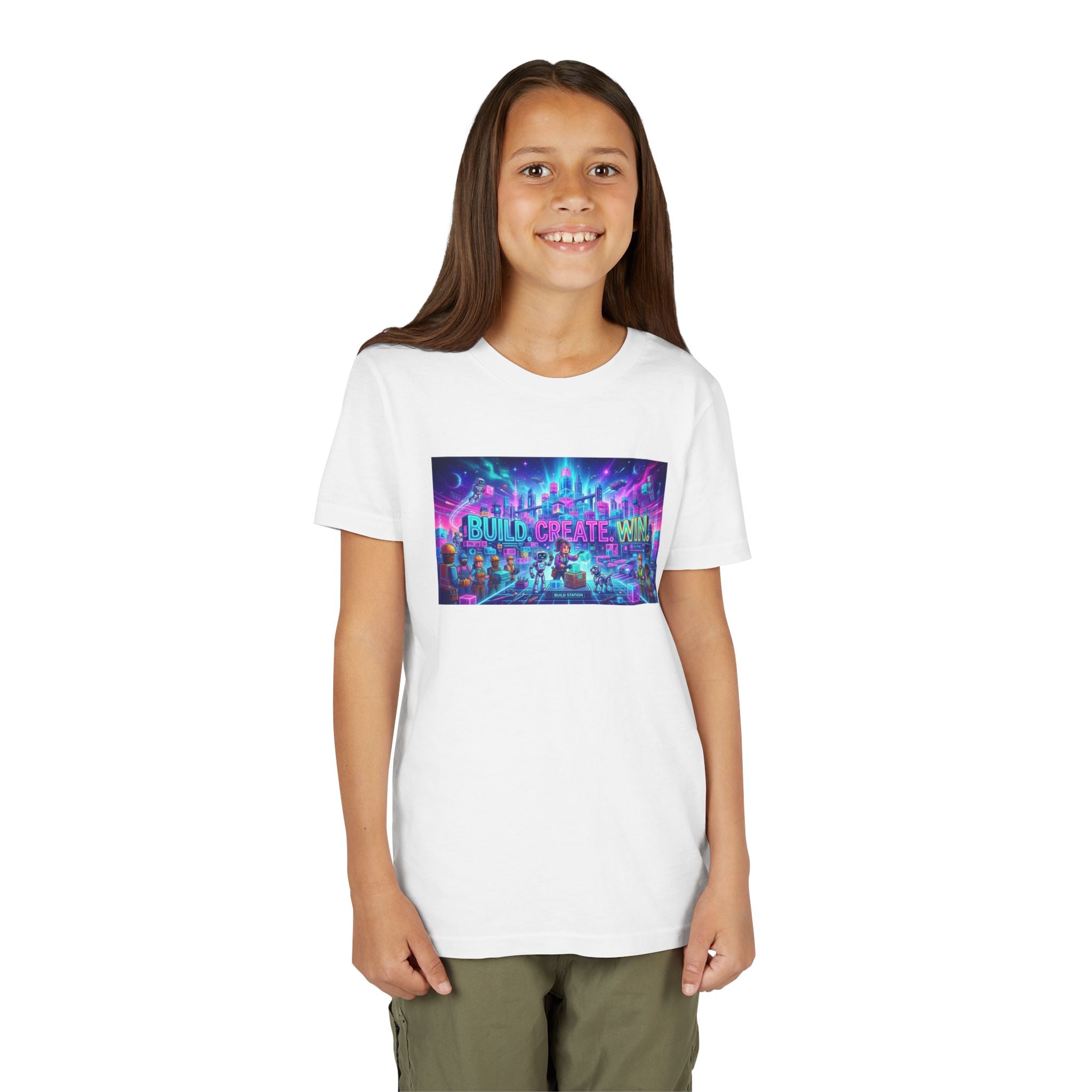 Youth Tee — “BUILD. CREATE. WIN.” Neon Builder City Design