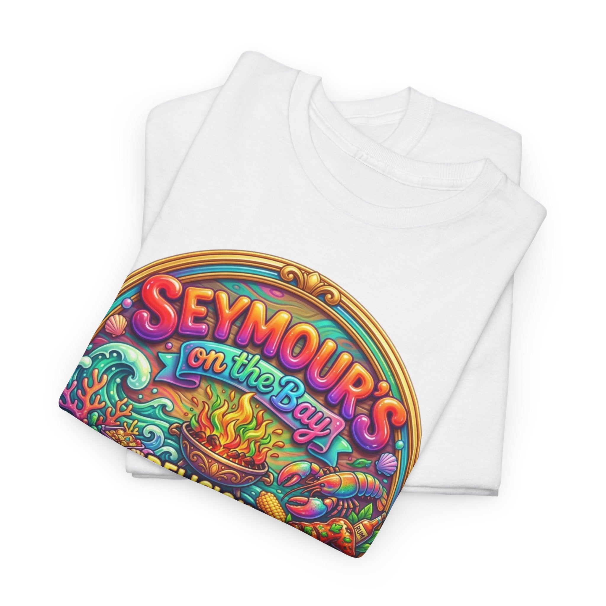 Caribbean BBQ & Seafood Tee — “Seymour’s” Vibrant Island Food Graphic T-Shirt