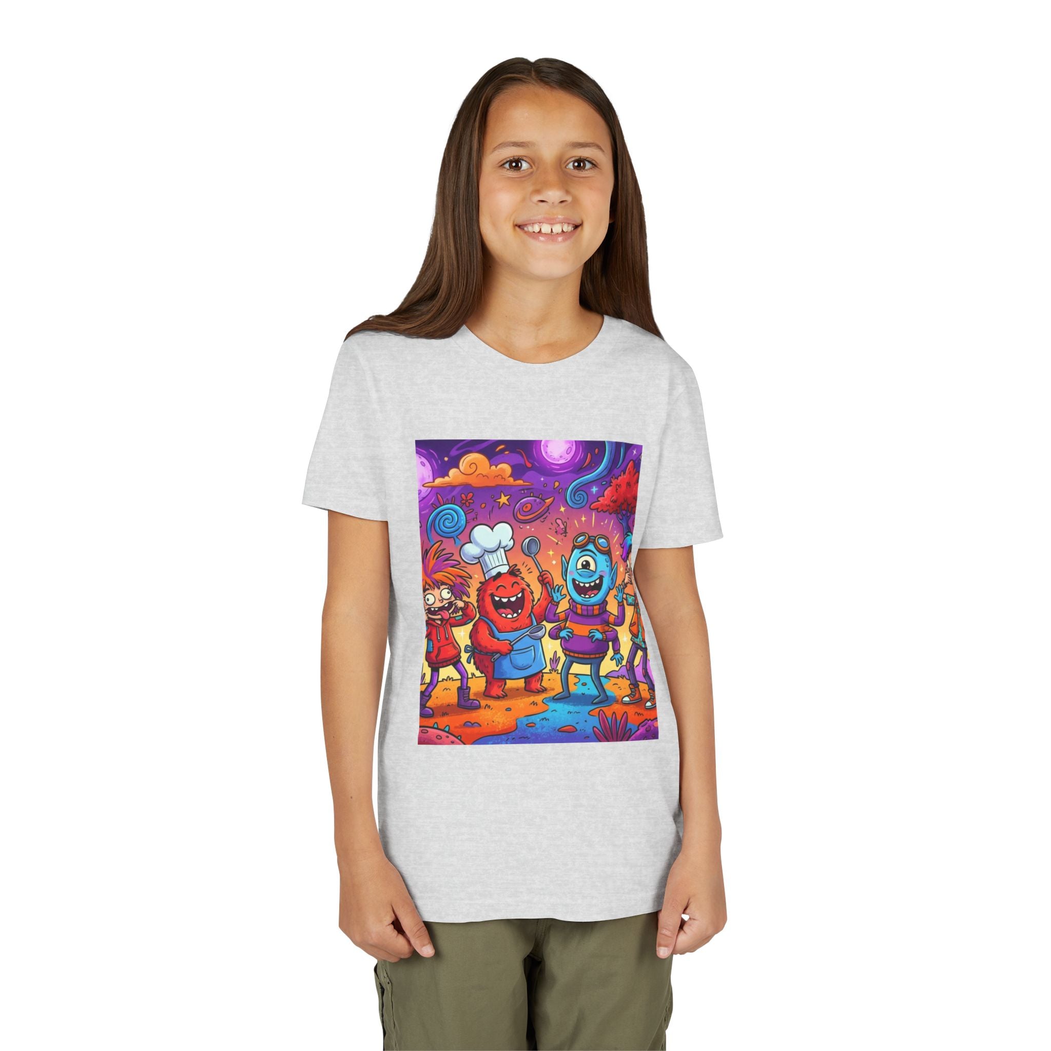 Funny Character Crew Youth Tee — Colorful Crazy Faces Graphic