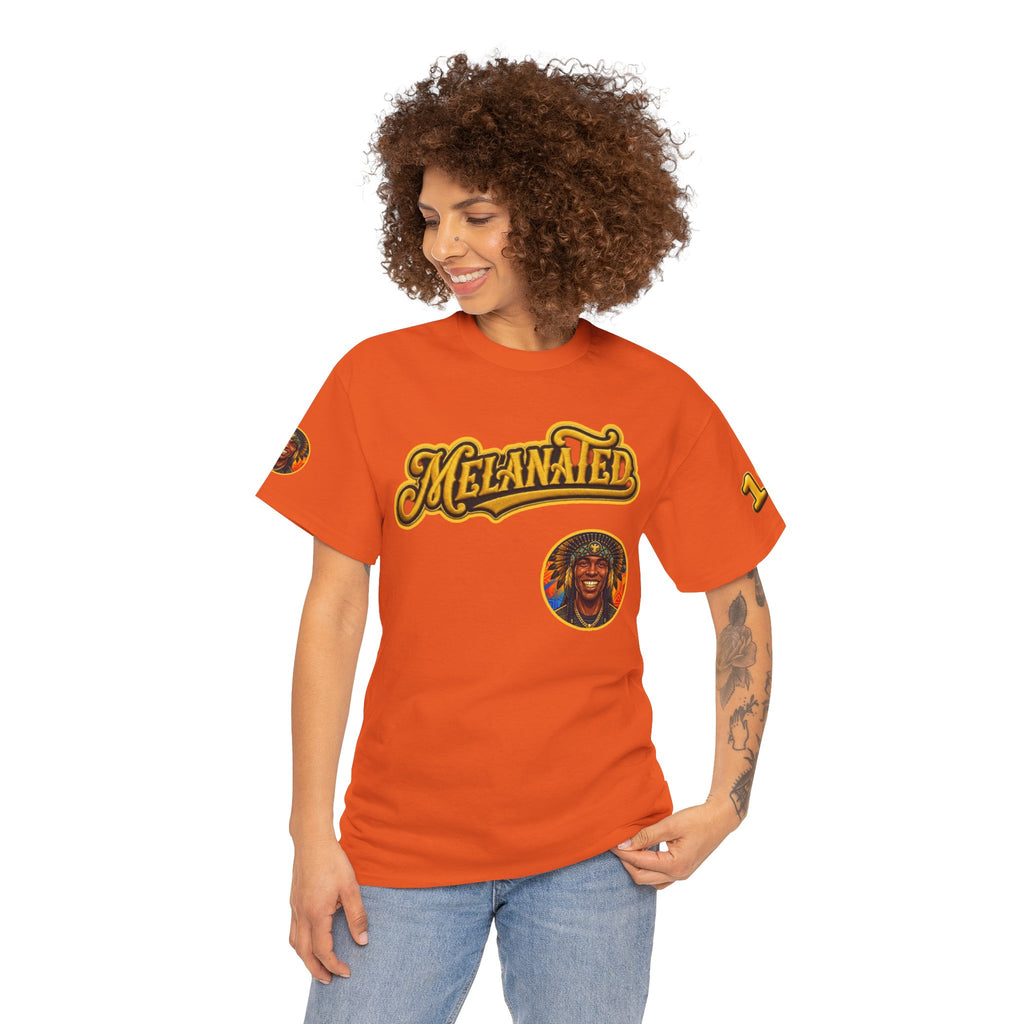 Melanated 19 Graphic Tee — Retro Script Logo & Gold Number Baseball Shirt