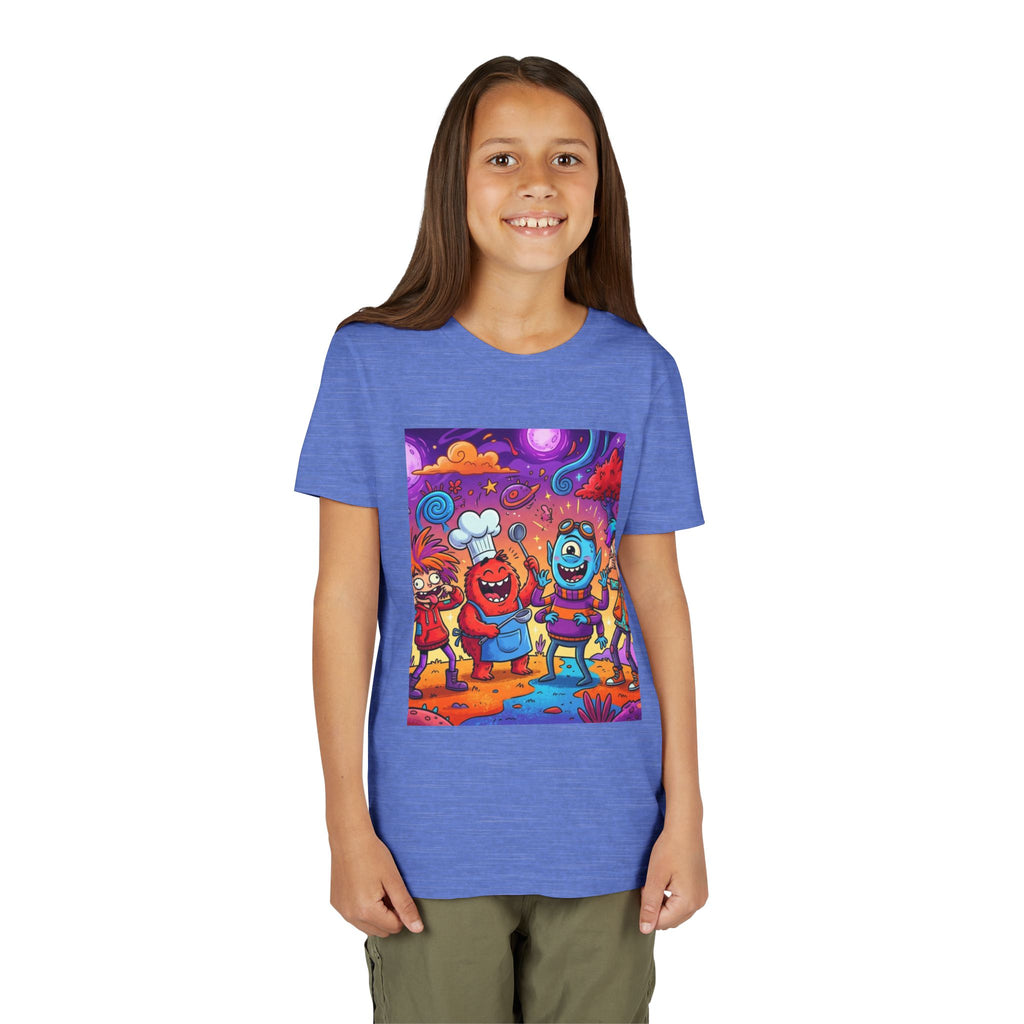 Funny Character Crew Youth Tee — Colorful Crazy Faces Graphic