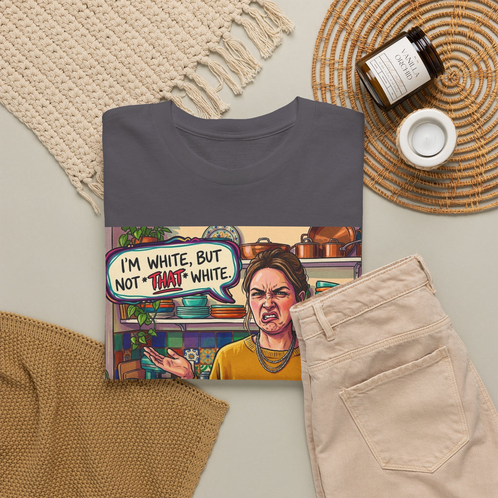 Graphic Tee — "I'm White, But Not THAT White" Illustration with Back Raised Fist Logo