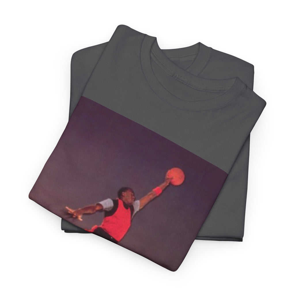 Basketball Jumpman Tee — Retro Skyline Graphic T-Shirt with Red Fist Back Emblem