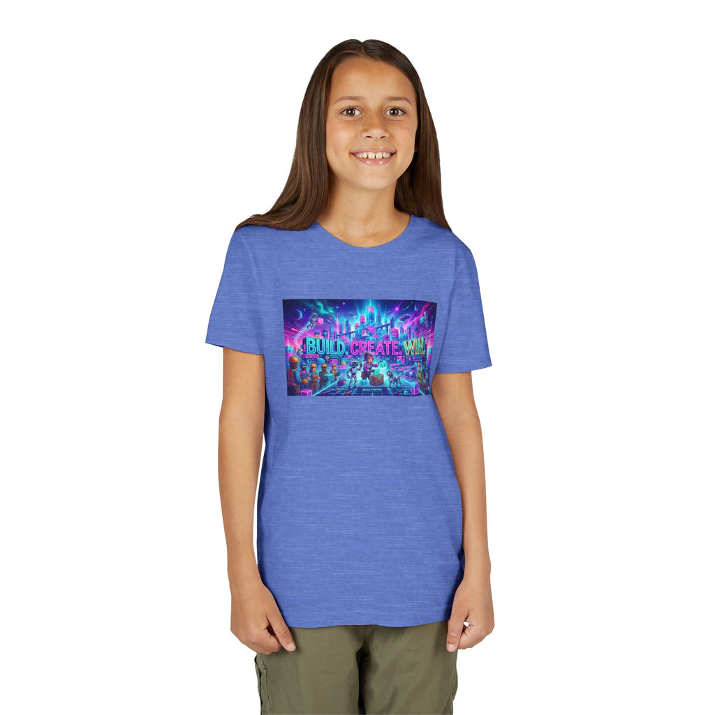 Youth Tee — “BUILD. CREATE. WIN.” Neon Builder City Design