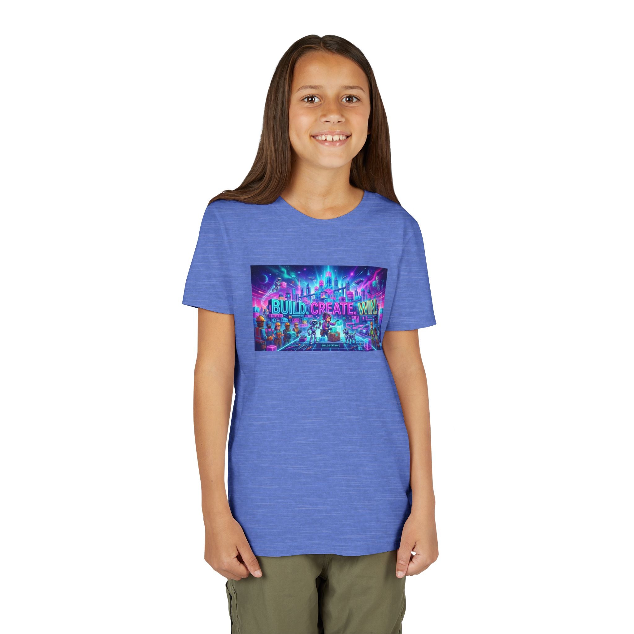 Youth Tee — “BUILD. CREATE. WIN.” Neon Builder City Design